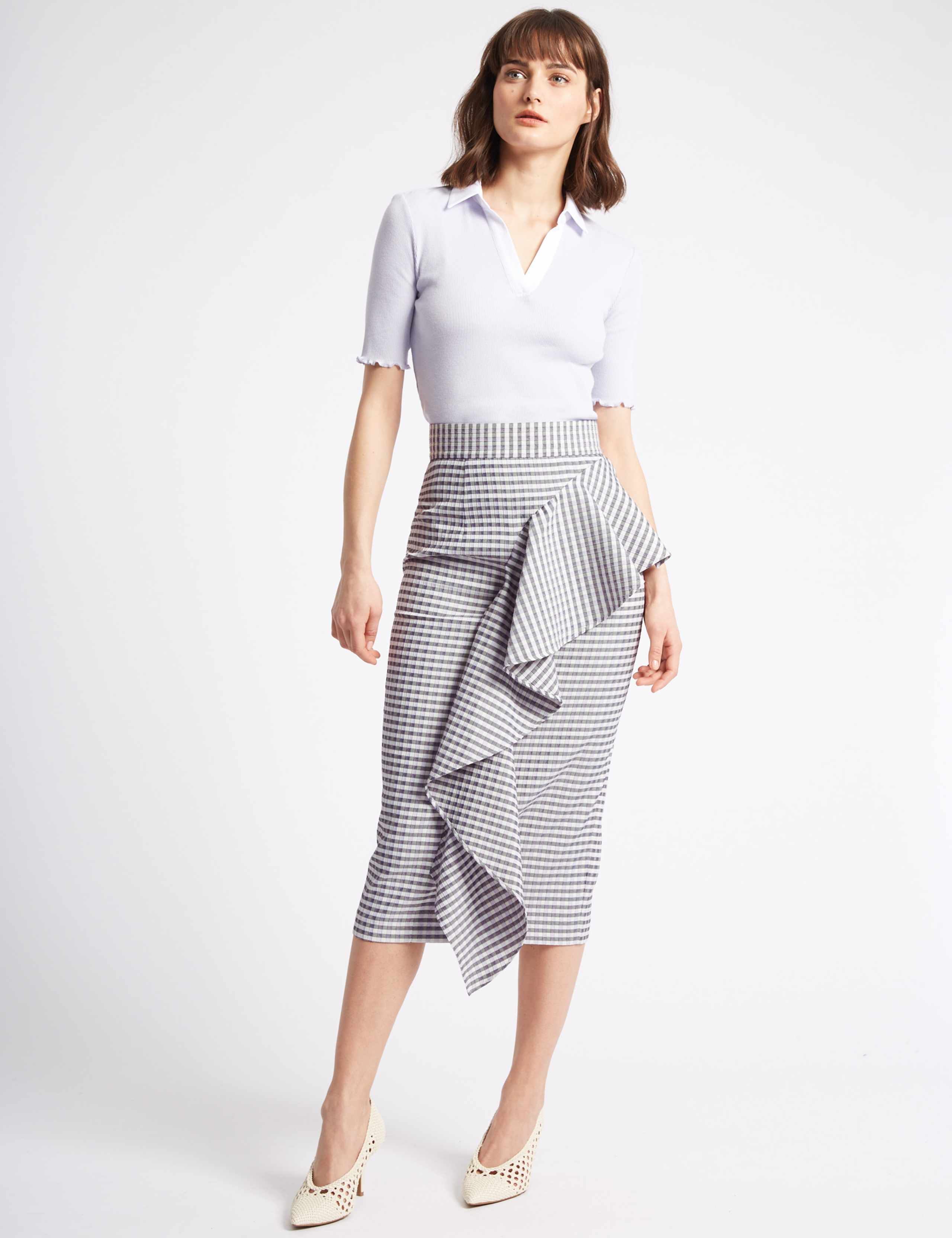 Ruffle Checked Pencil Midi Skirt 1 of 5