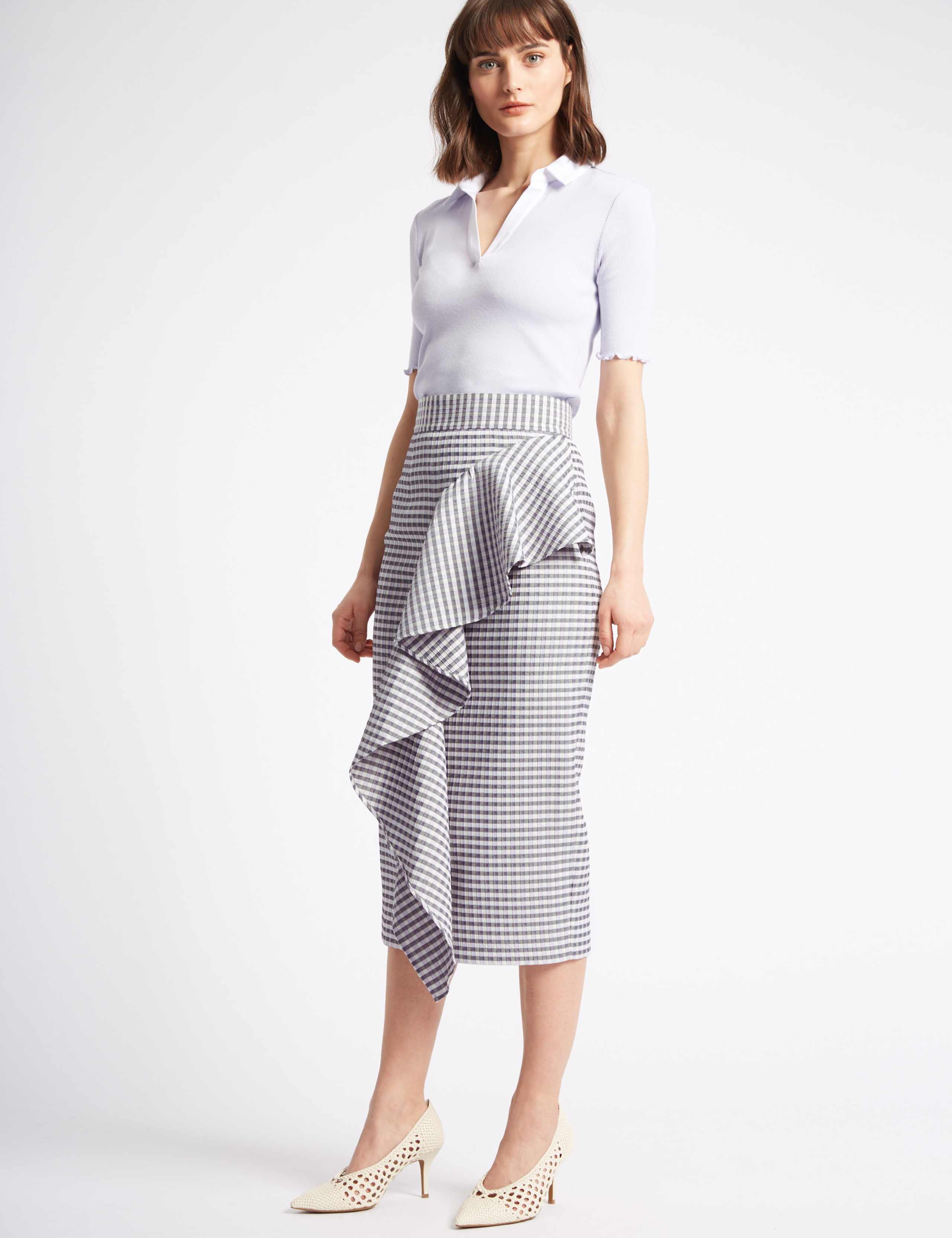 Ruffle Checked Pencil Midi Skirt 3 of 5