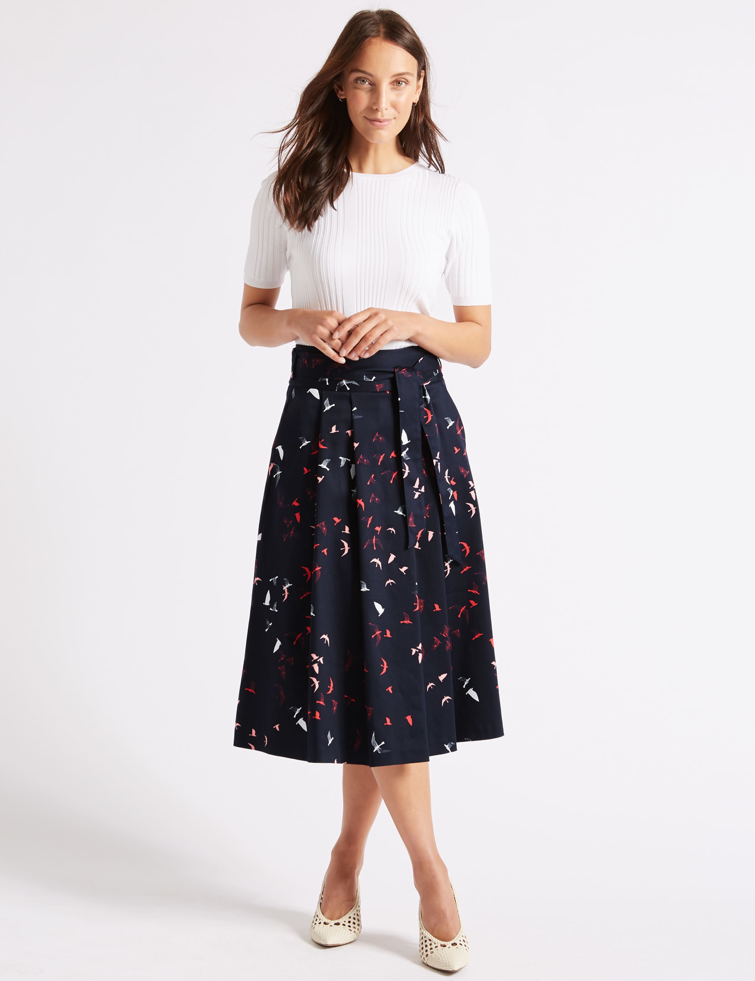 Cotton Rich Bird Print Full Midi Skirt 1 of 5