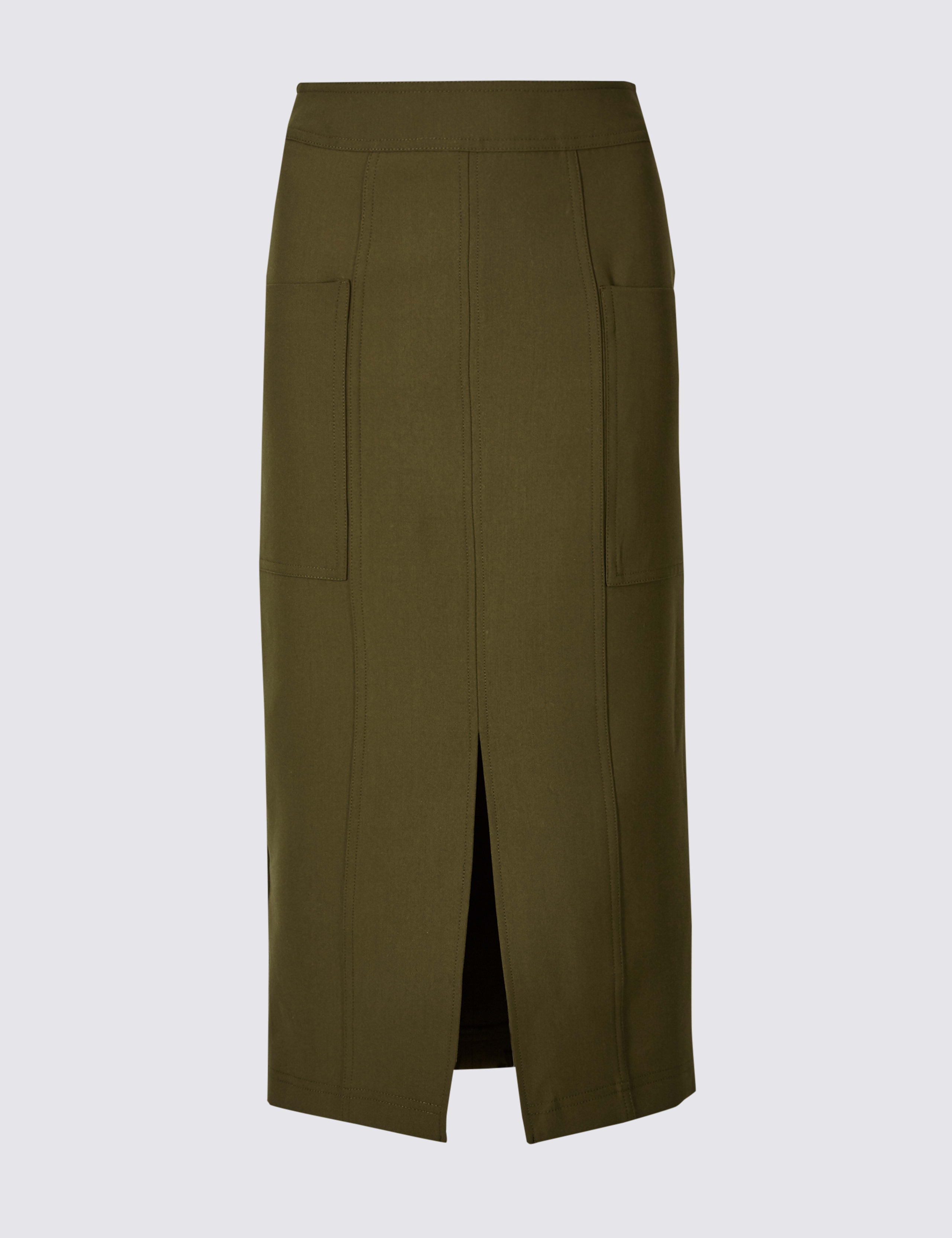 Front Split Patch Pocket Pencil Midi Skirt 2 of 5
