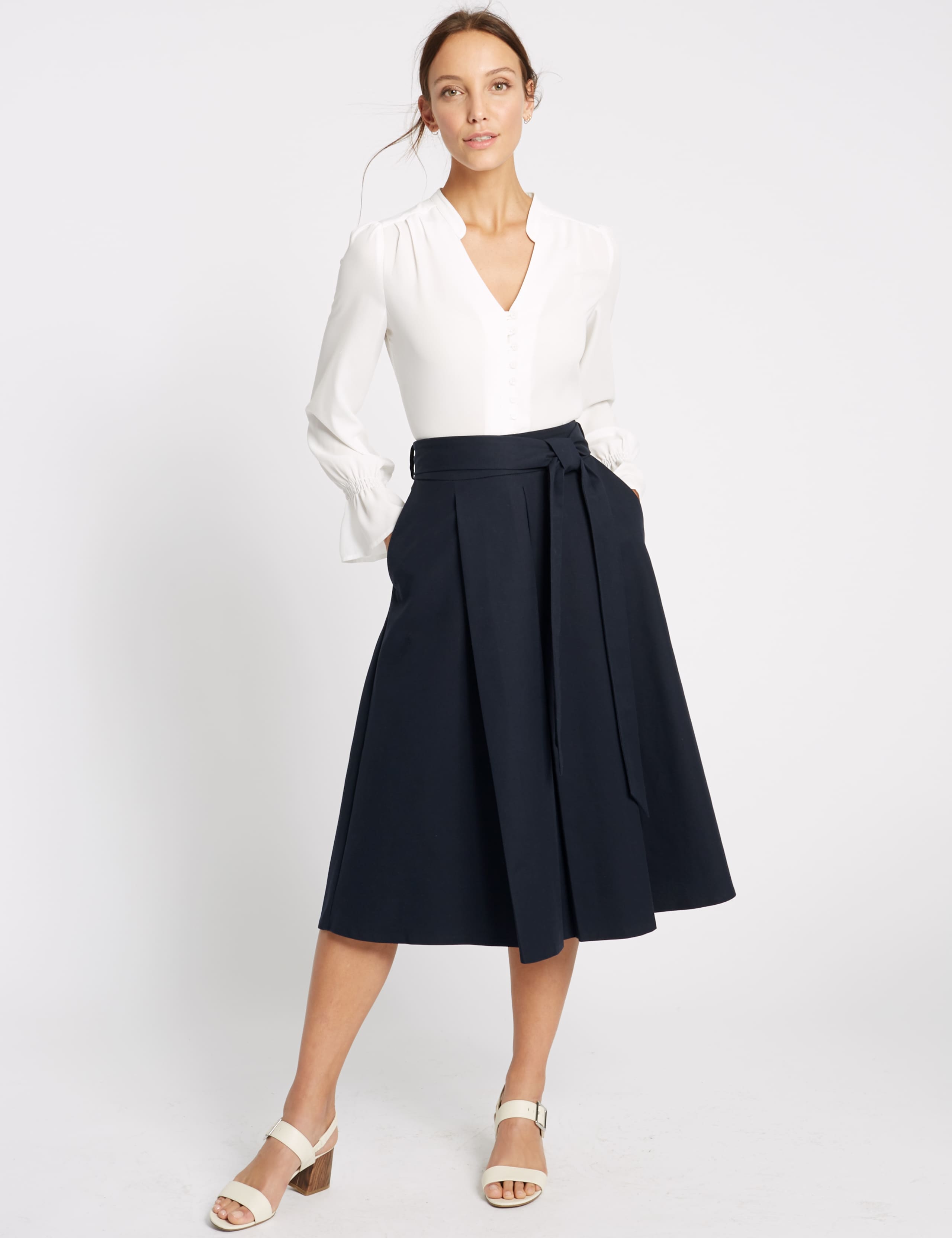 Cotton Rich Tie Detail A-Line Midi Skirt 1 of 4