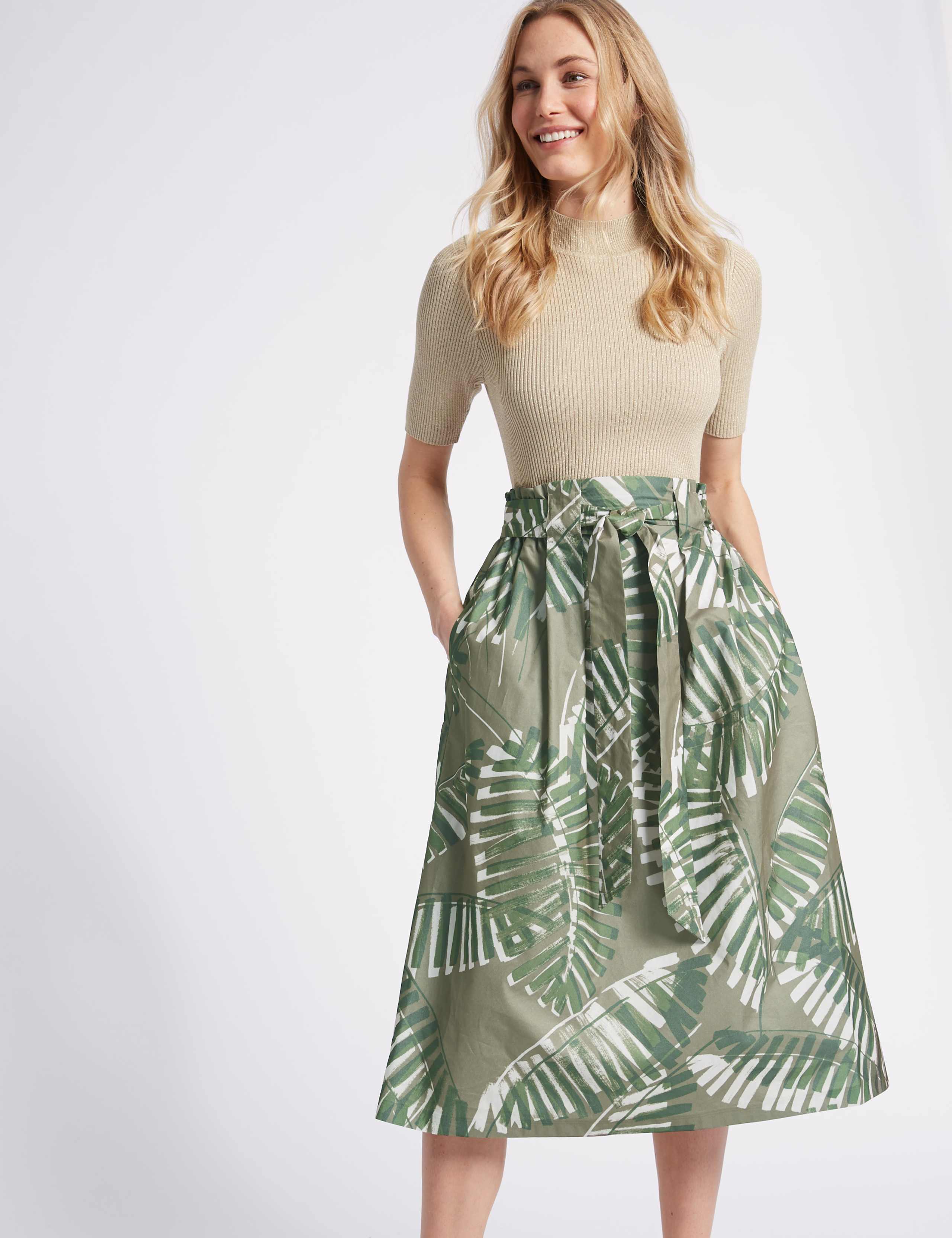 Cotton Rich Palm Print A-Line Midi Skirt 3 of 5