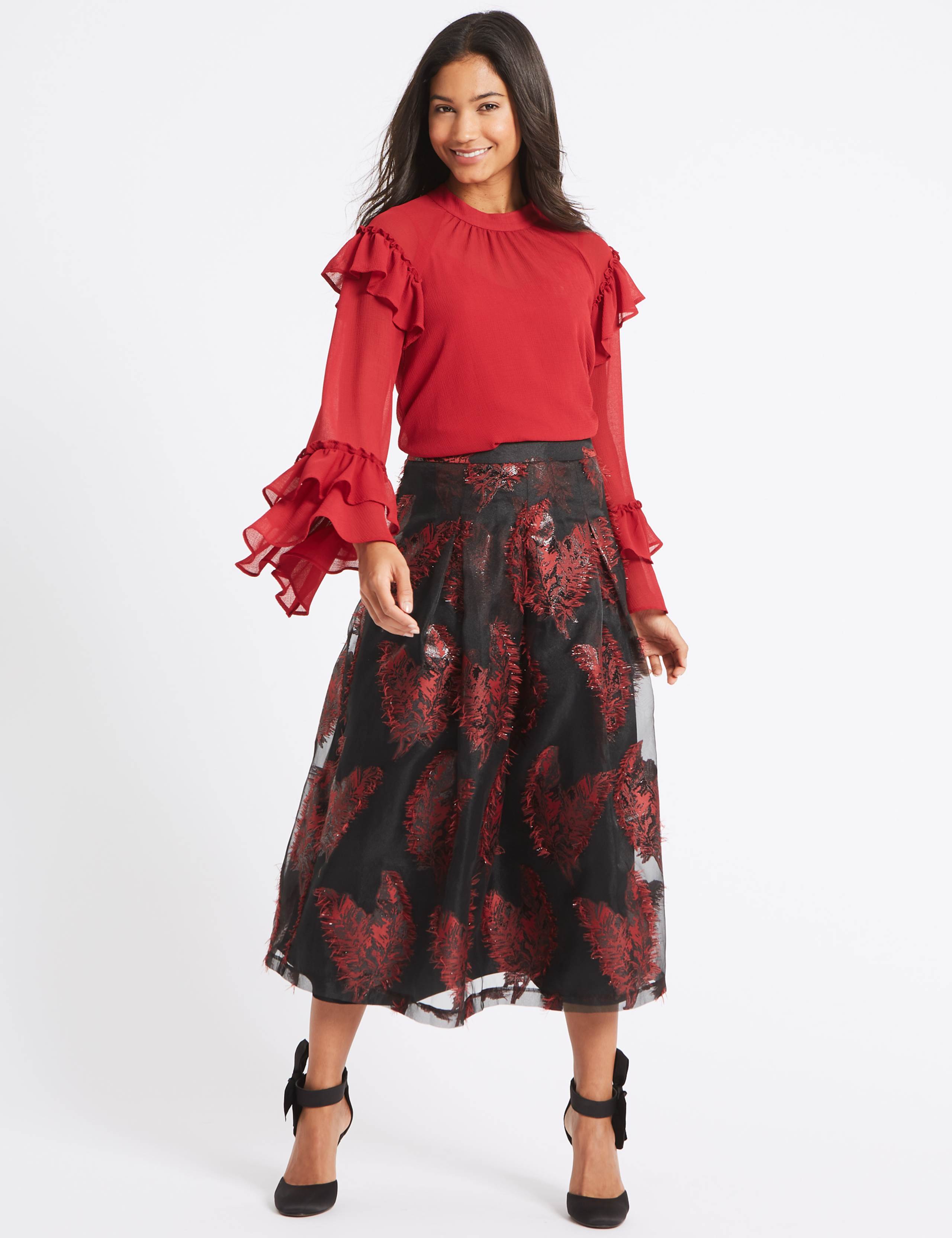 Feather Flared Jacquard A-Line Midi Skirt 1 of 5