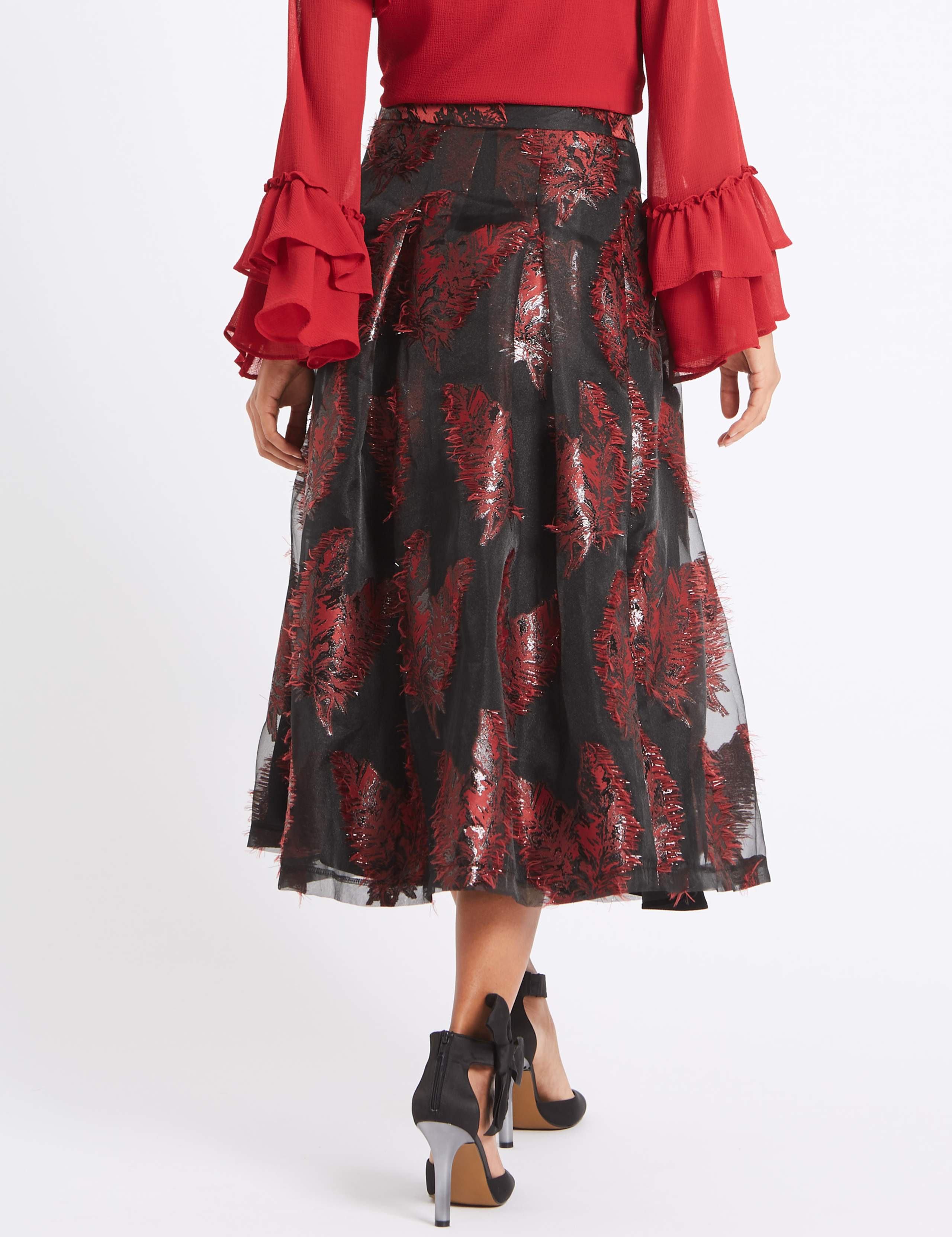 Feather Flared Jacquard A-Line Midi Skirt 4 of 5