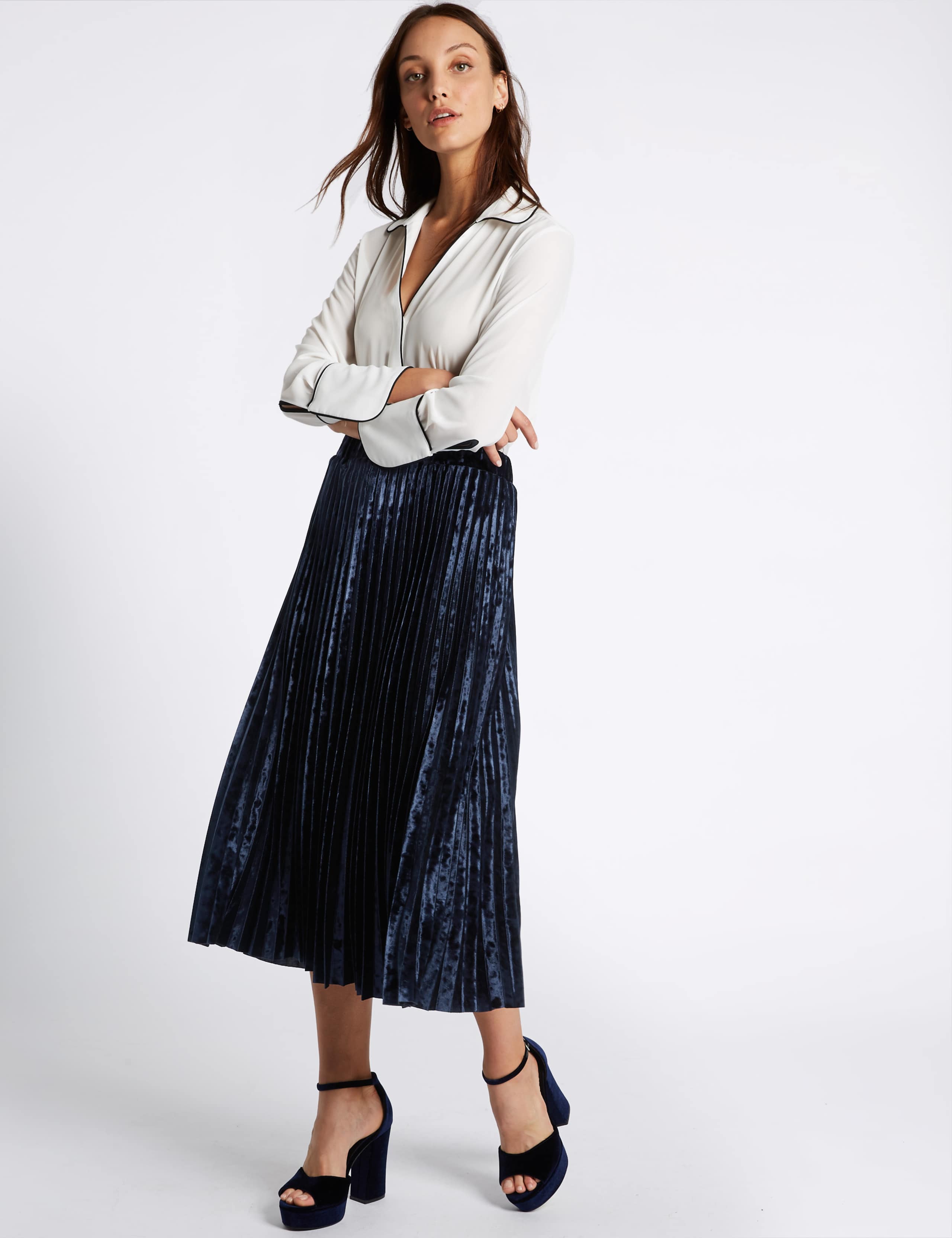 Velvet Pleated A-Line Midi Skirt 1 of 5