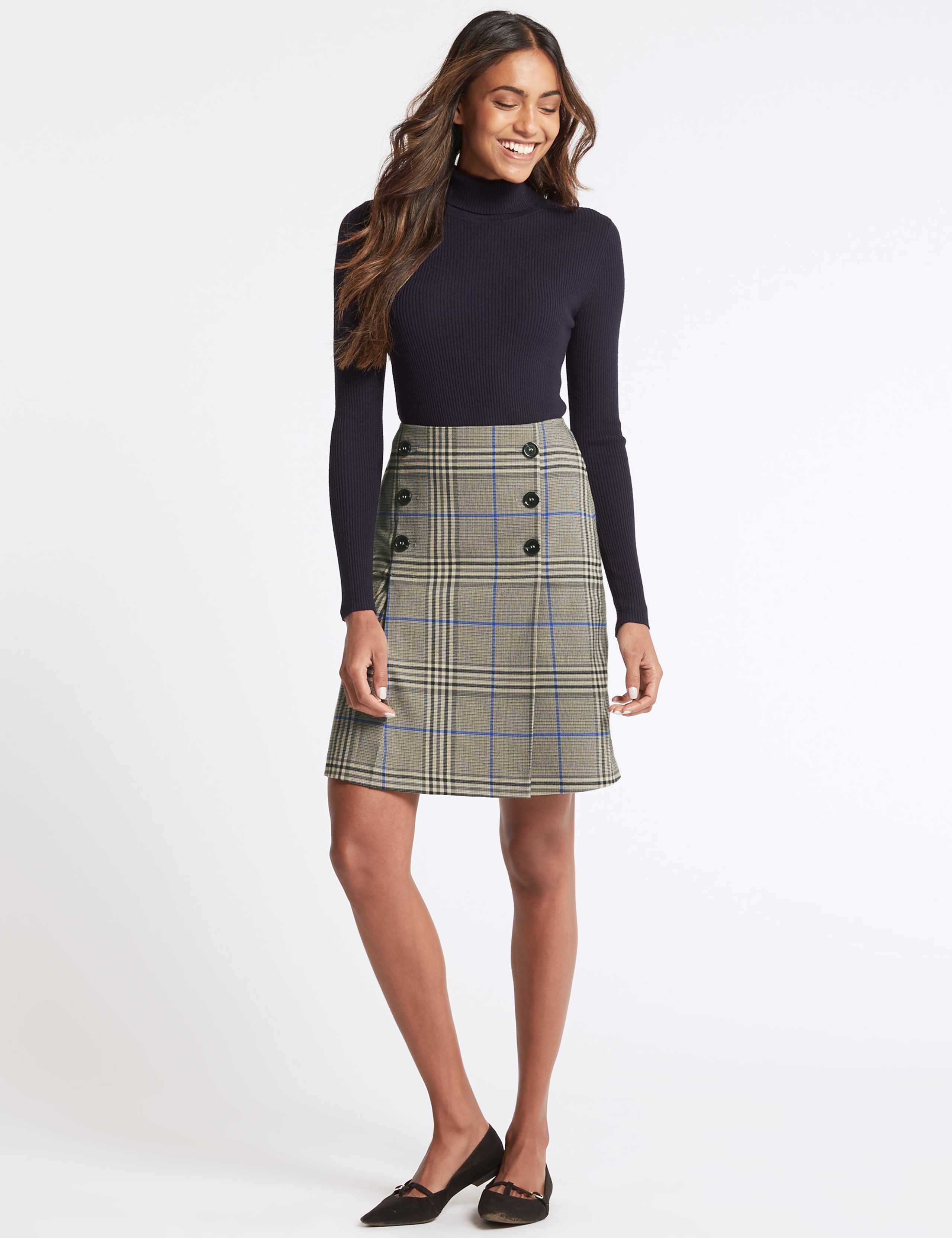 Checked Button Front A-Line Mini Skirt 1 of 6