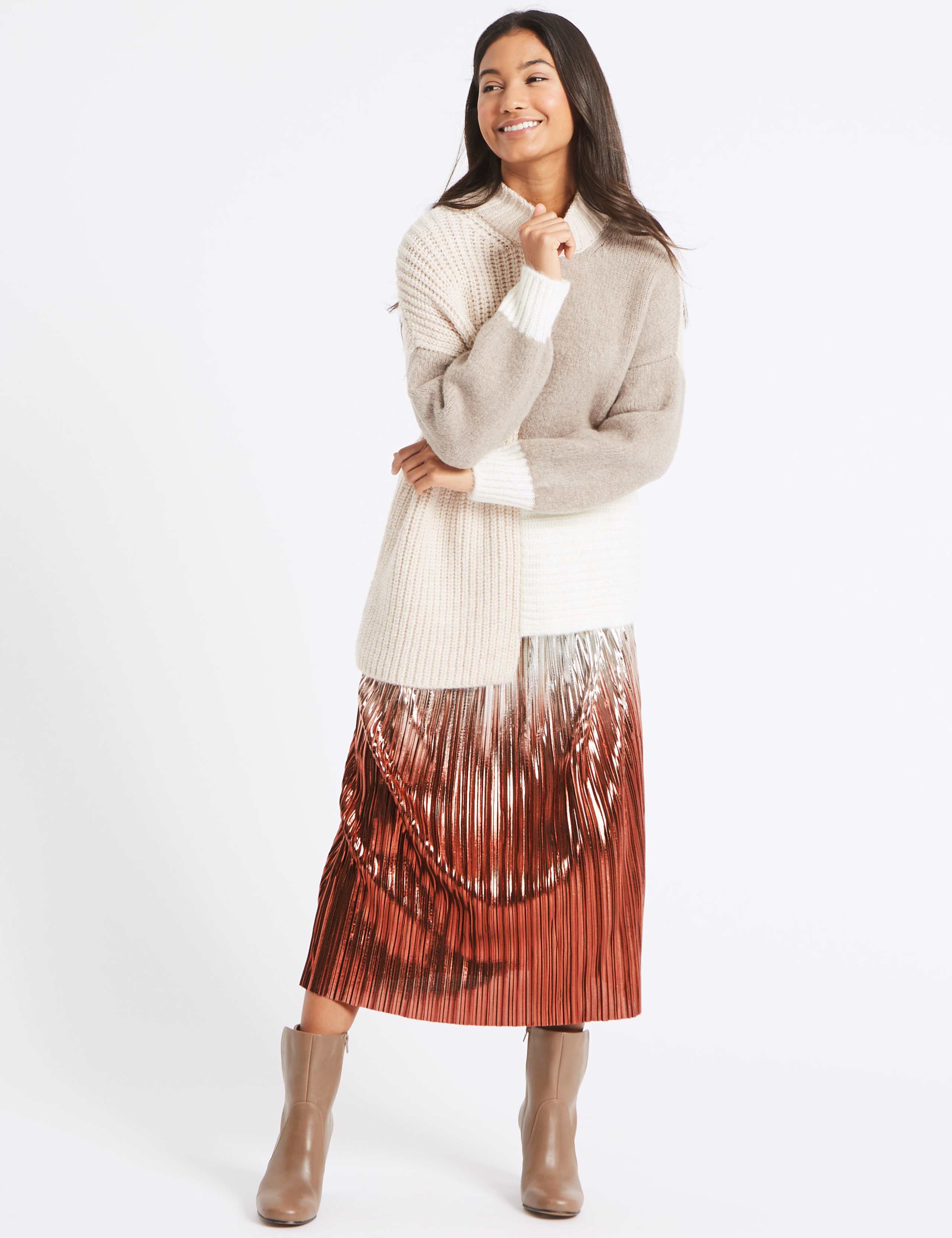 Metallic Dip Dye Pleated A-Line Midi Skirt 1 of 4