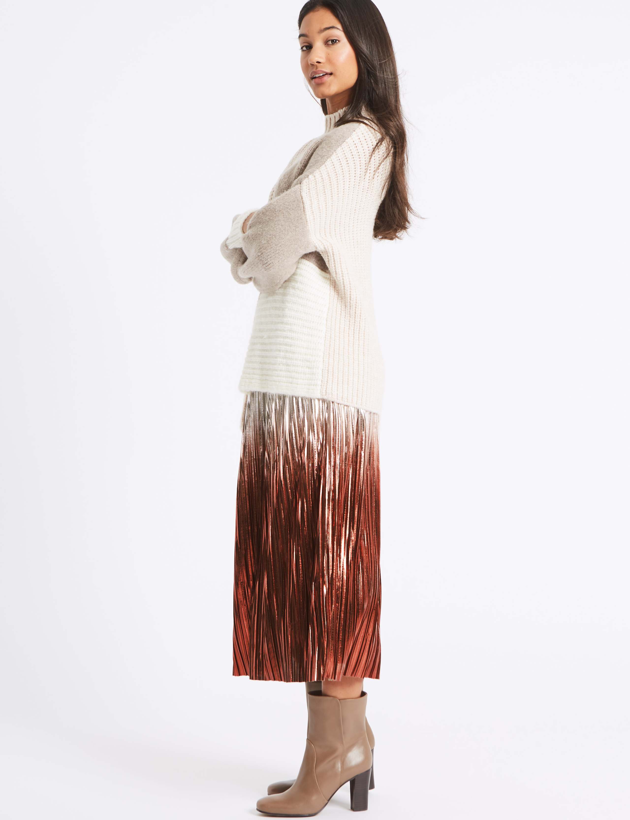 Metallic Dip Dye Pleated A-Line Midi Skirt 2 of 4