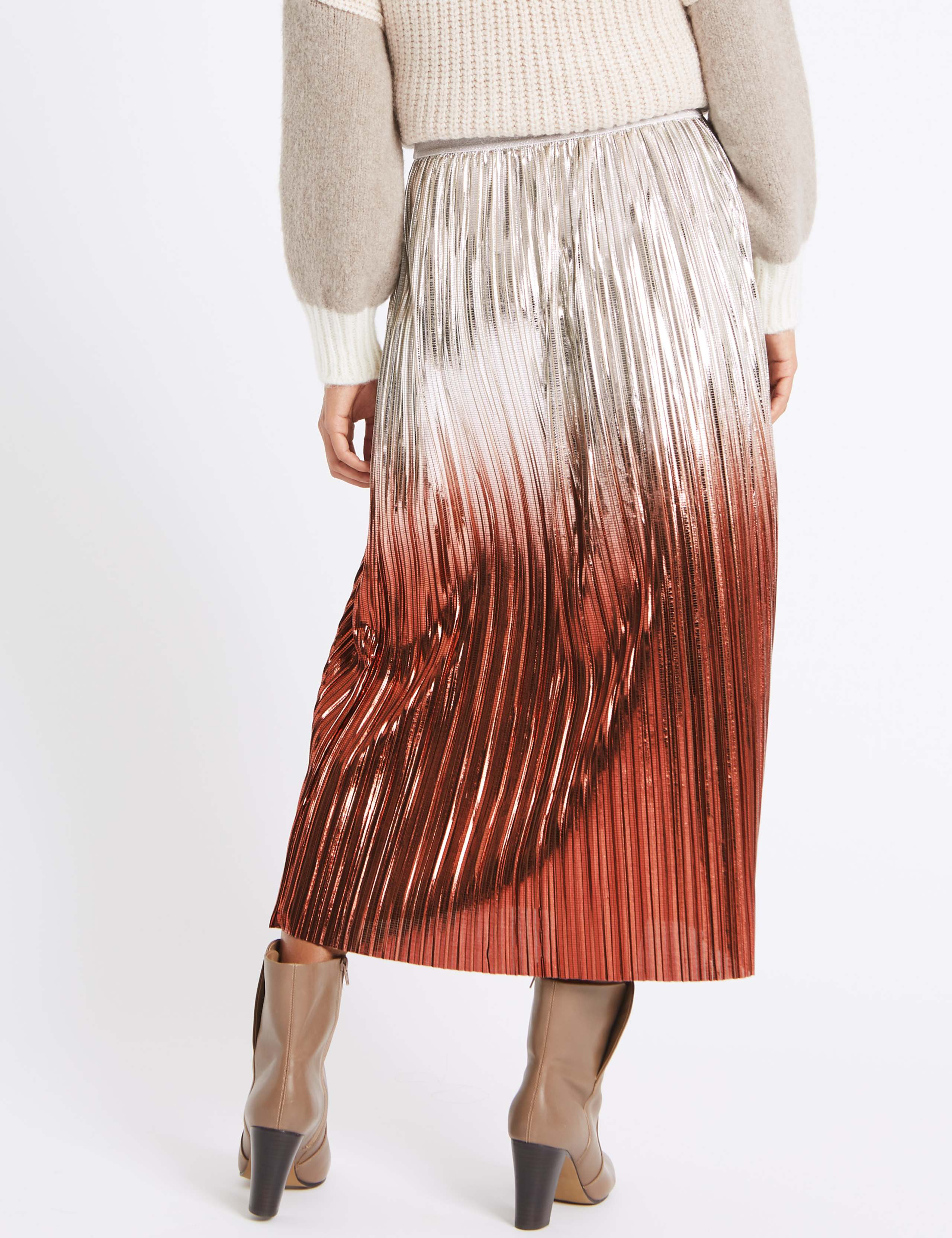 Metallic Dip Dye Pleated A-Line Midi Skirt 3 of 4