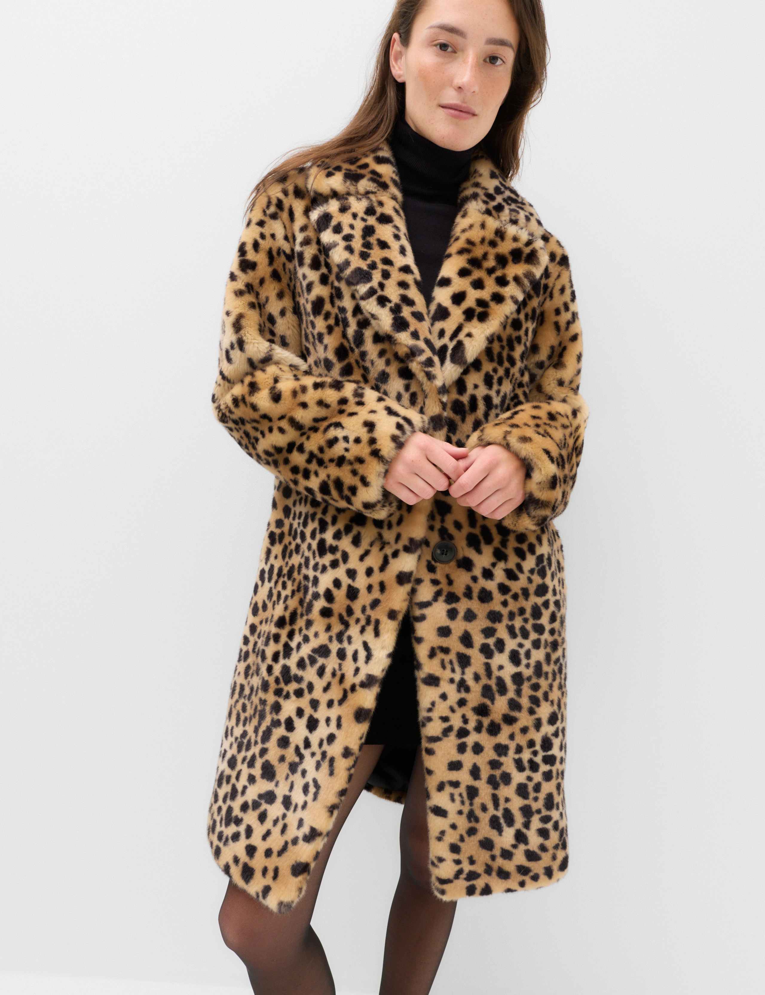 Faux Fur Leopard Print Single Breasted Longline Coat 1 of 6