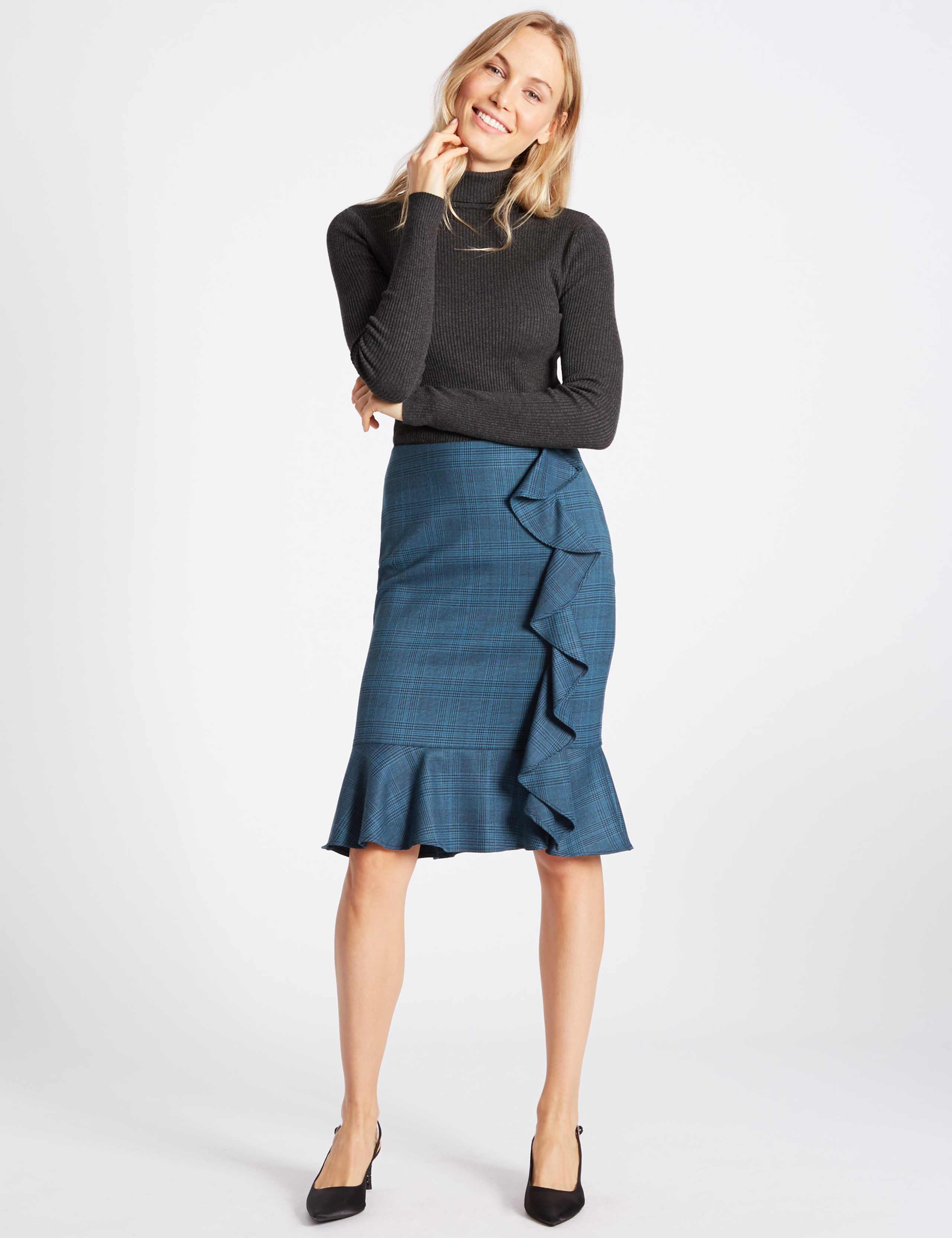 Checked Ruffle Pencil Midi Skirt 1 of 5