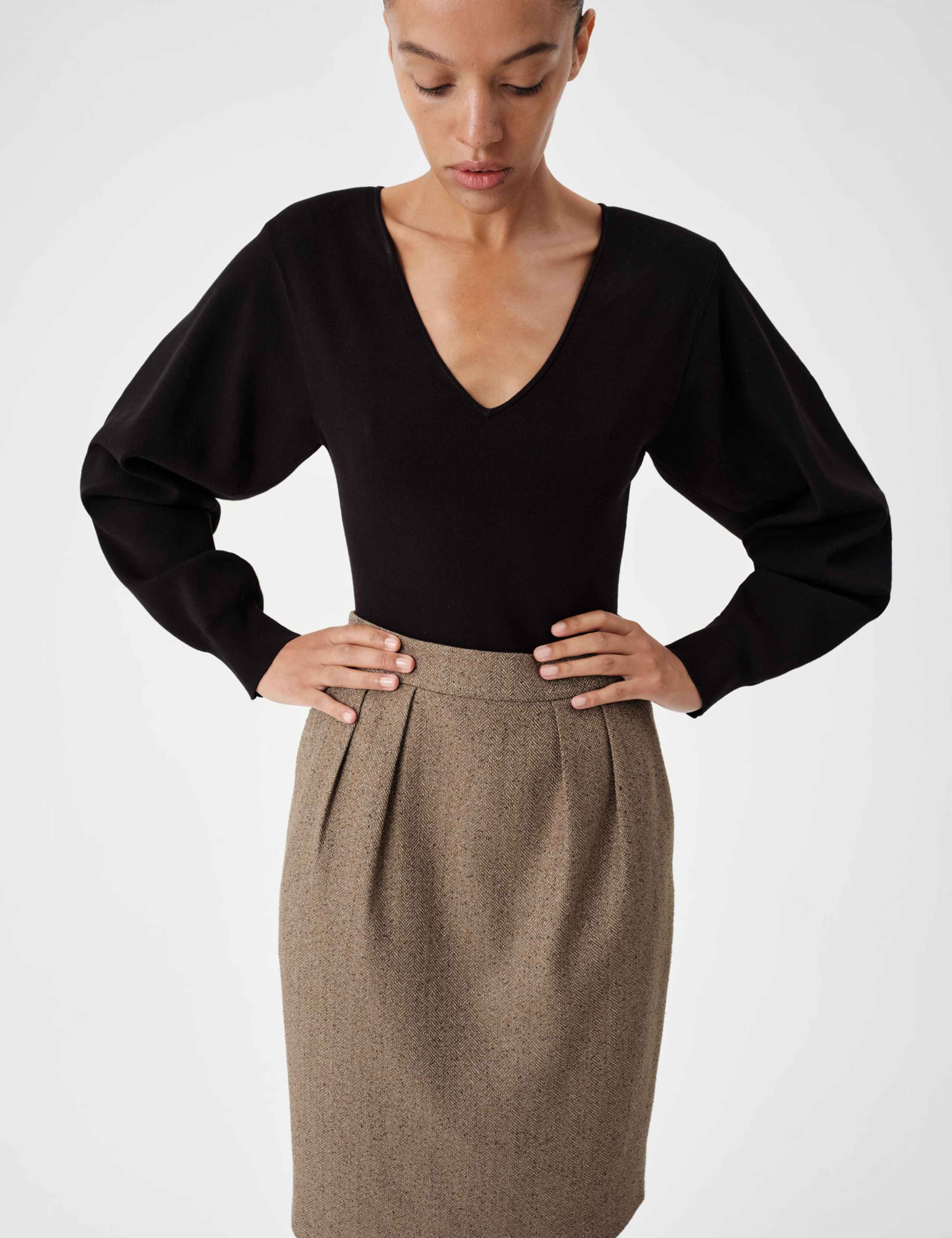 Tweed Herringbone Knee Length Tulip Skirt 3 of 6