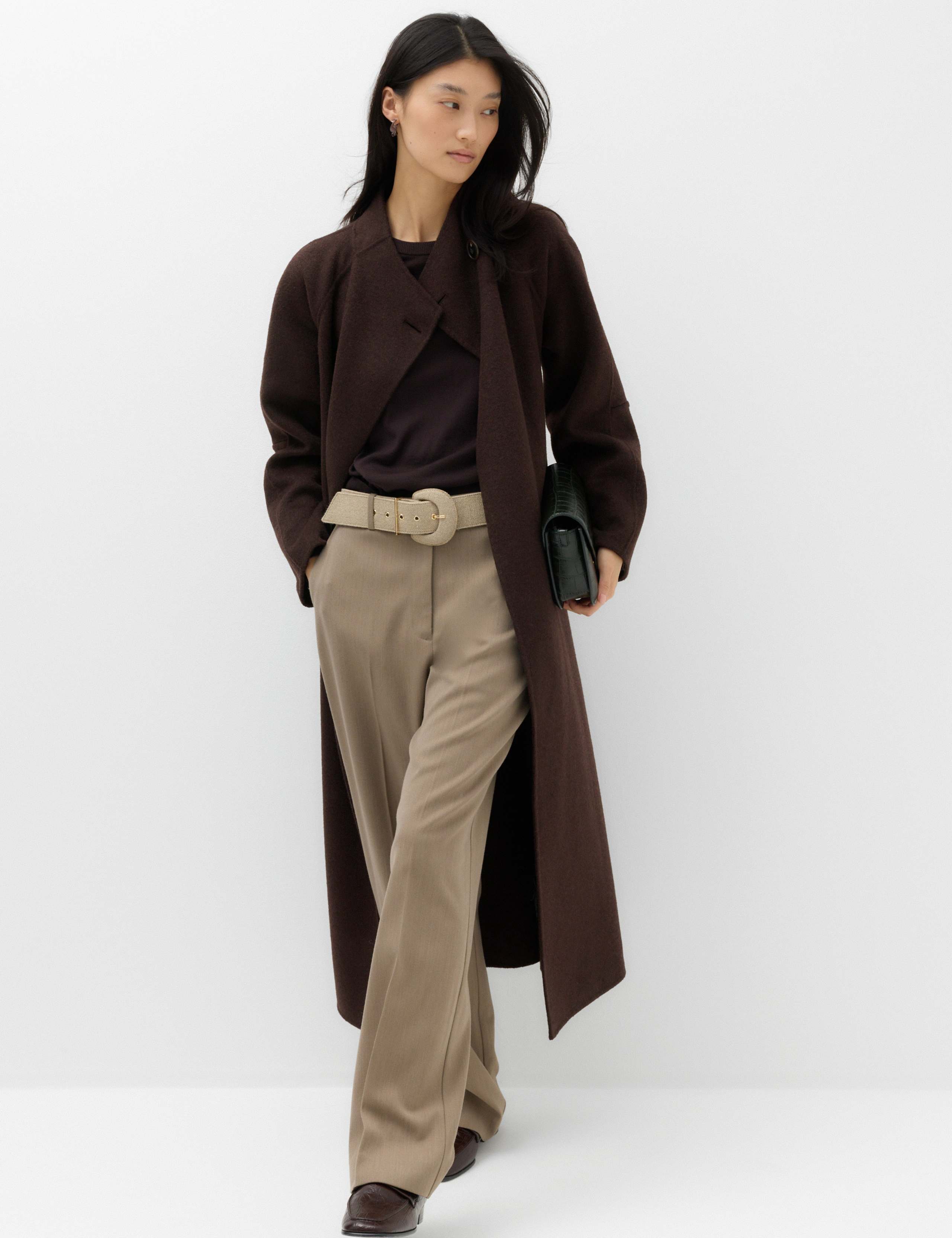 Wool Blend Belted Funnel Neck Longline Wrap Coat 4 of 7