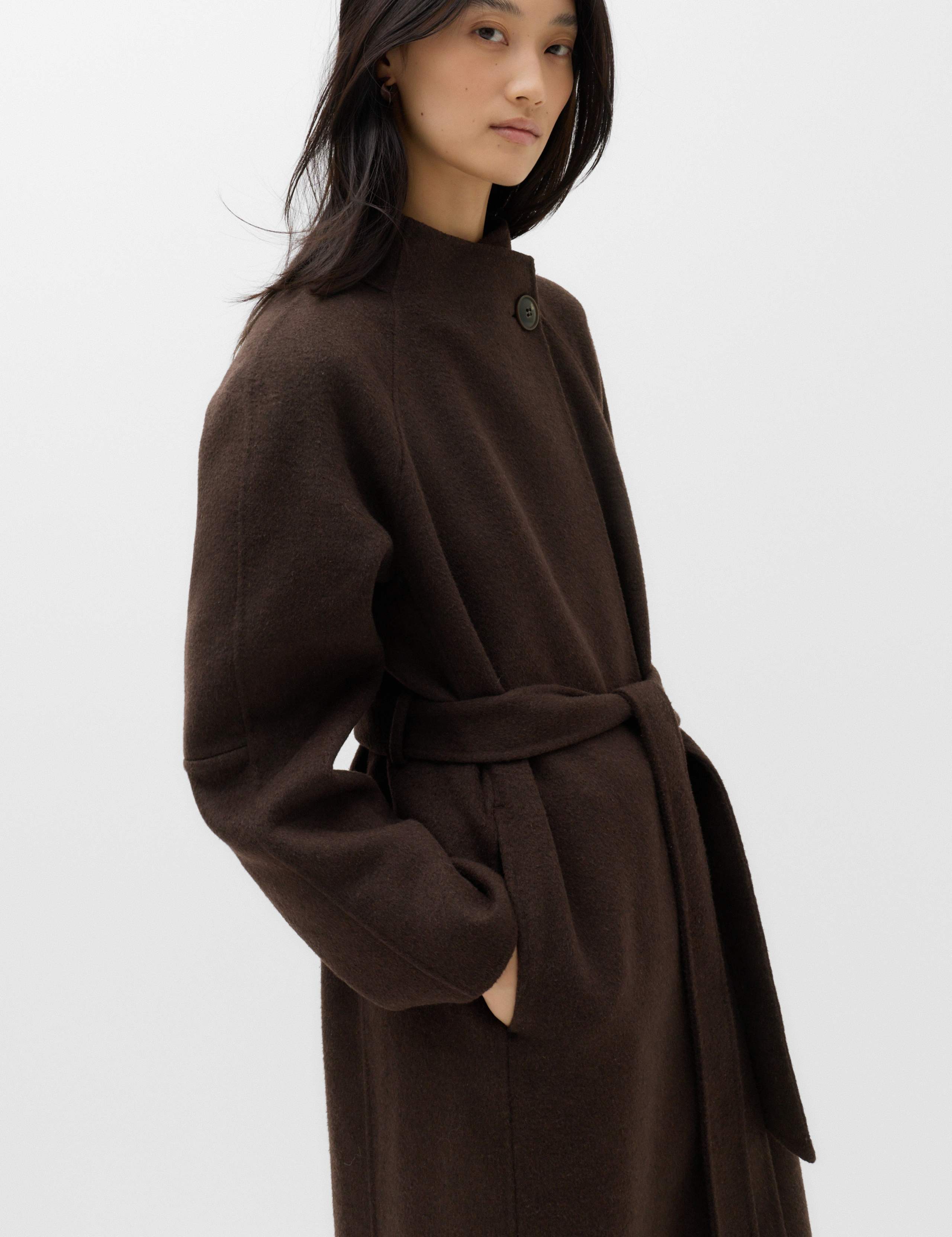 Wool Blend Belted Funnel Neck Longline Wrap Coat 6 of 7
