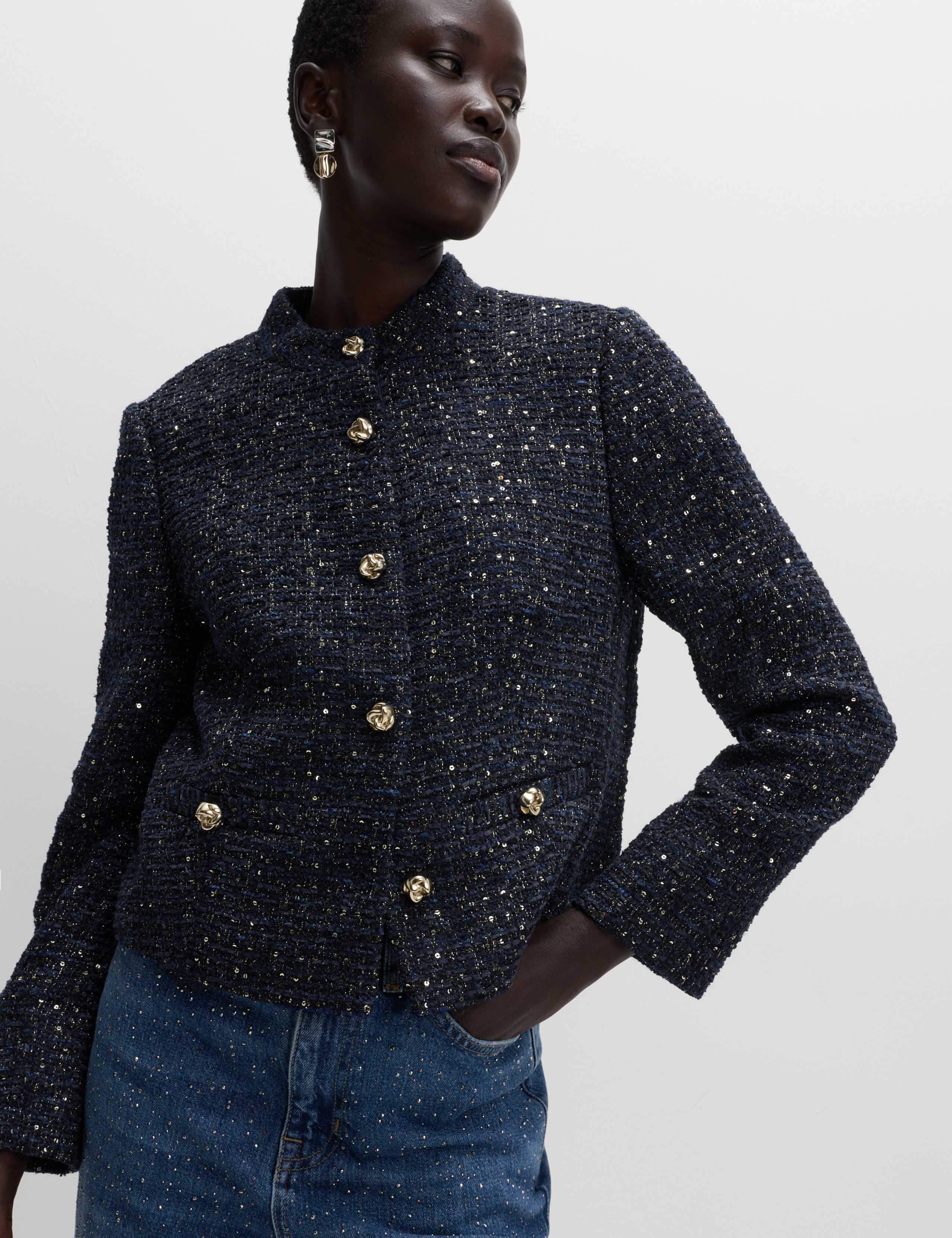 Tweed Sparkly Collarless Blazer with Wool 1 of 6