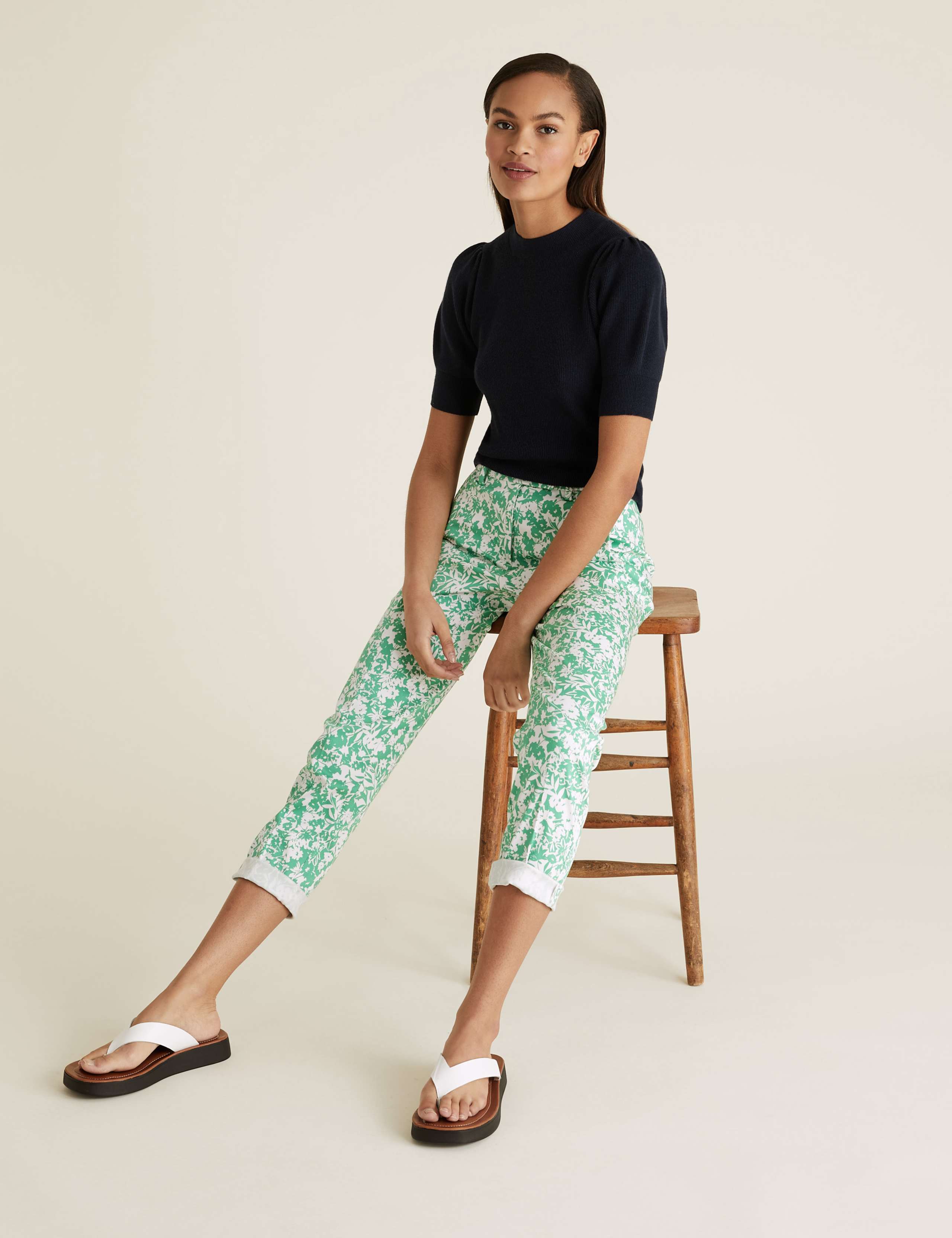 Cotton Slim Fit Floral 7/8 Trousers 1 of 6