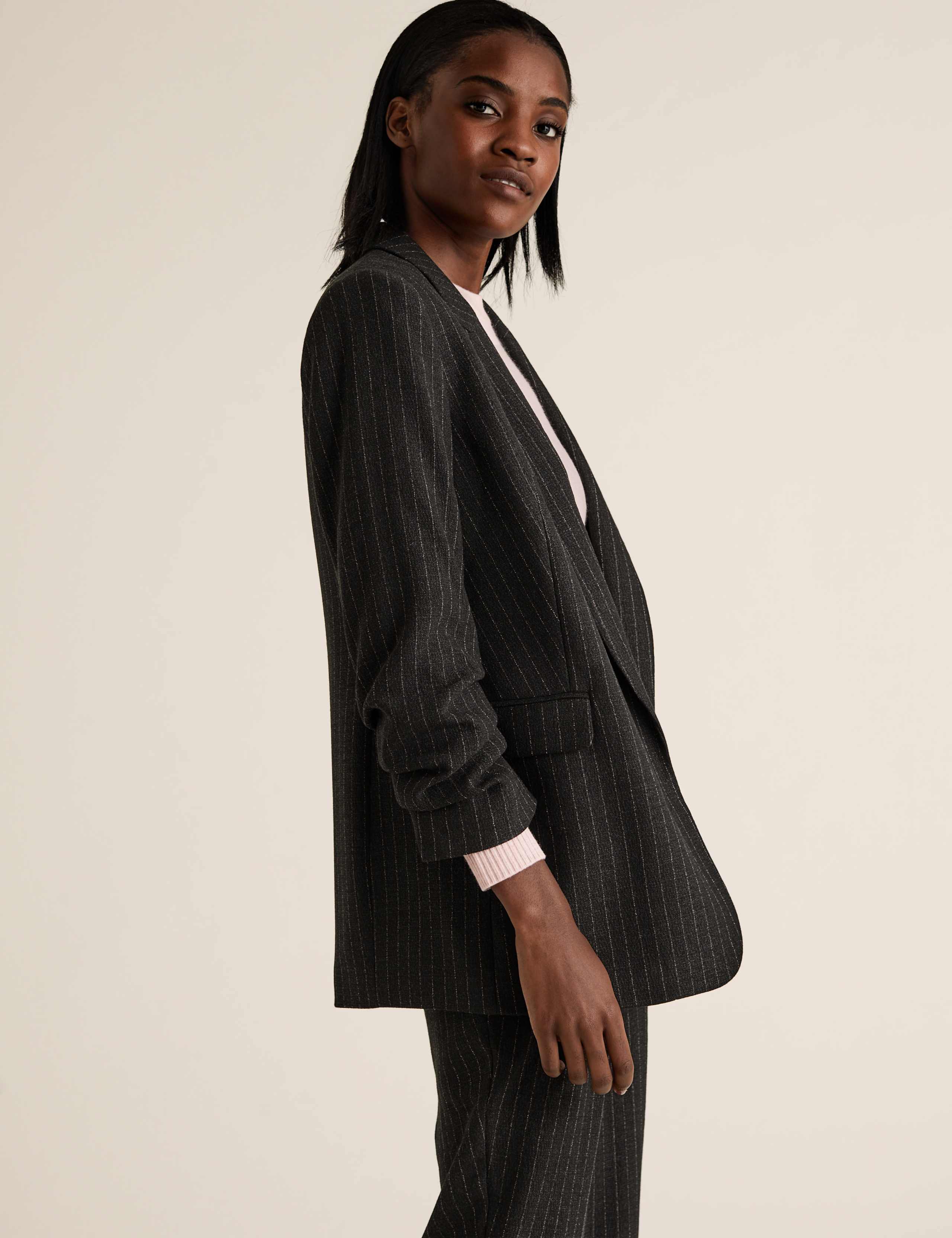 Relaxed Striped Ruched Sleeve Blazer 1 of 5