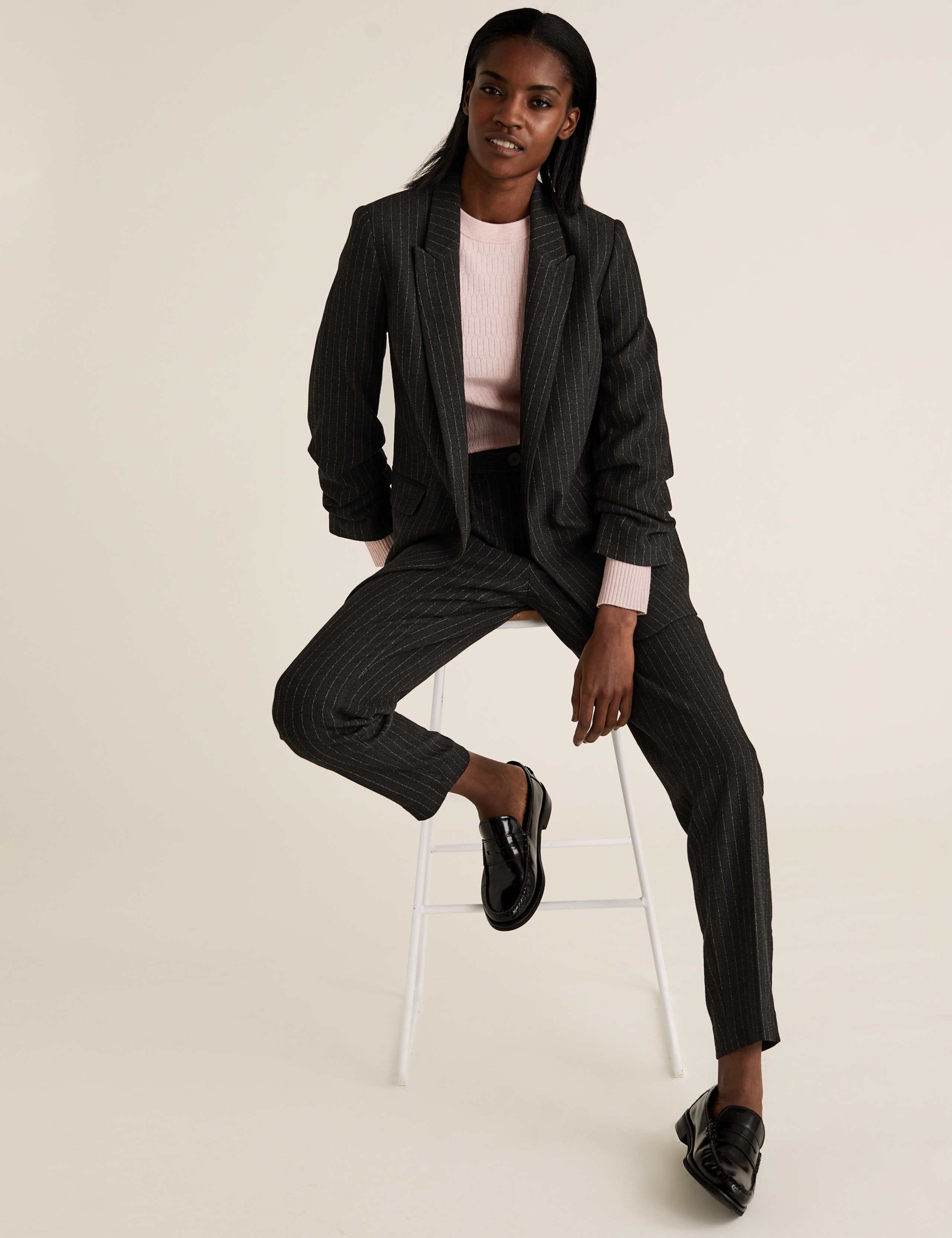 Relaxed Striped Ruched Sleeve Blazer 3 of 5