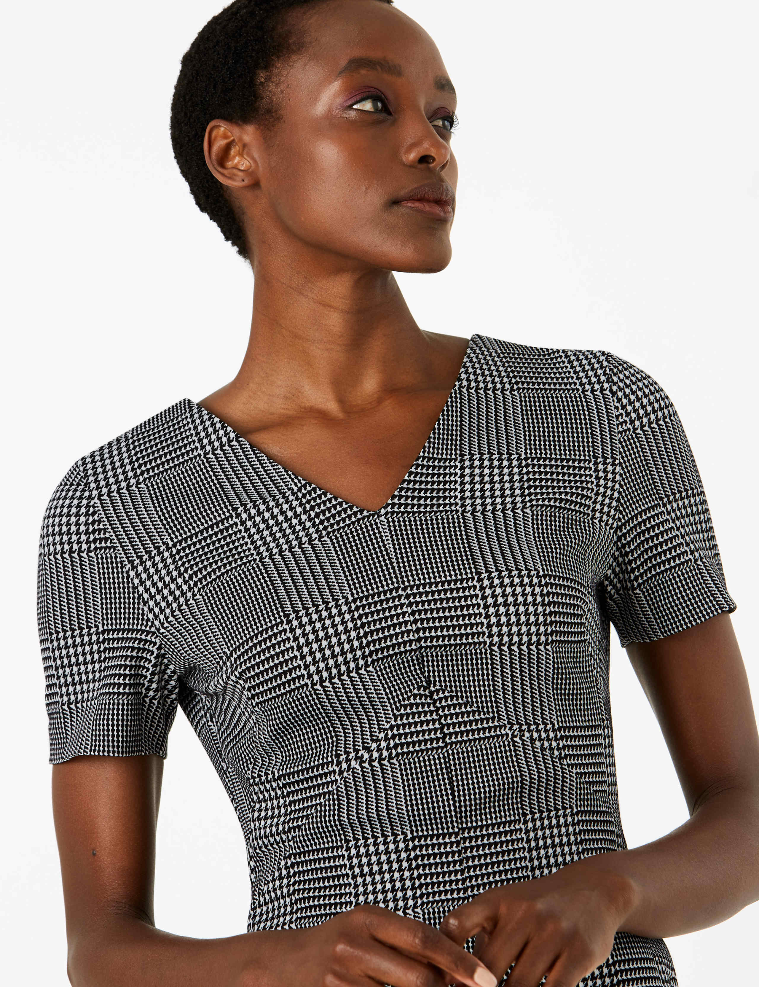 Jersey Checked V-Neck Midi Tailored Dress 3 of 4