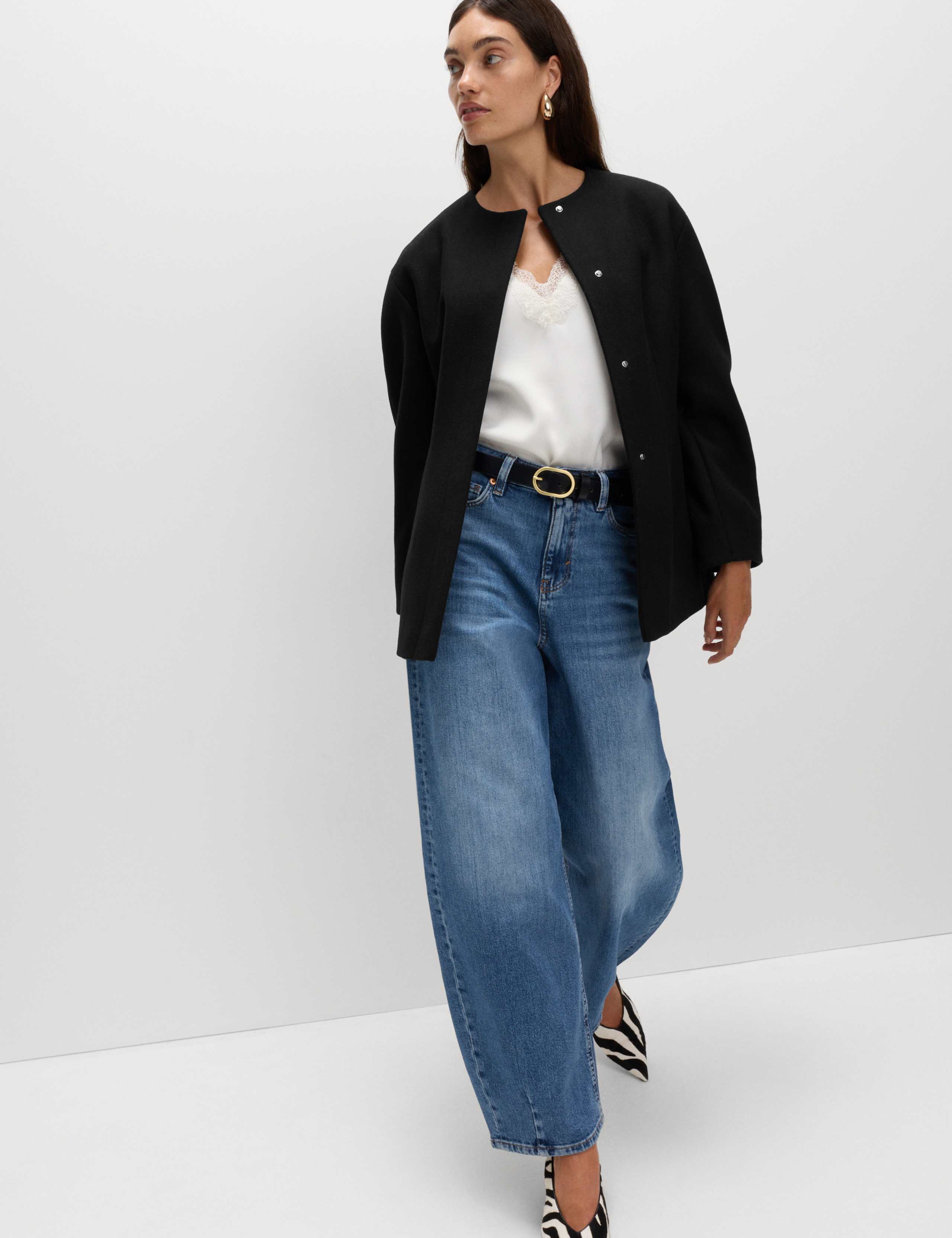 Waisted Collarless Tailored Coat with Wool 4 of 6