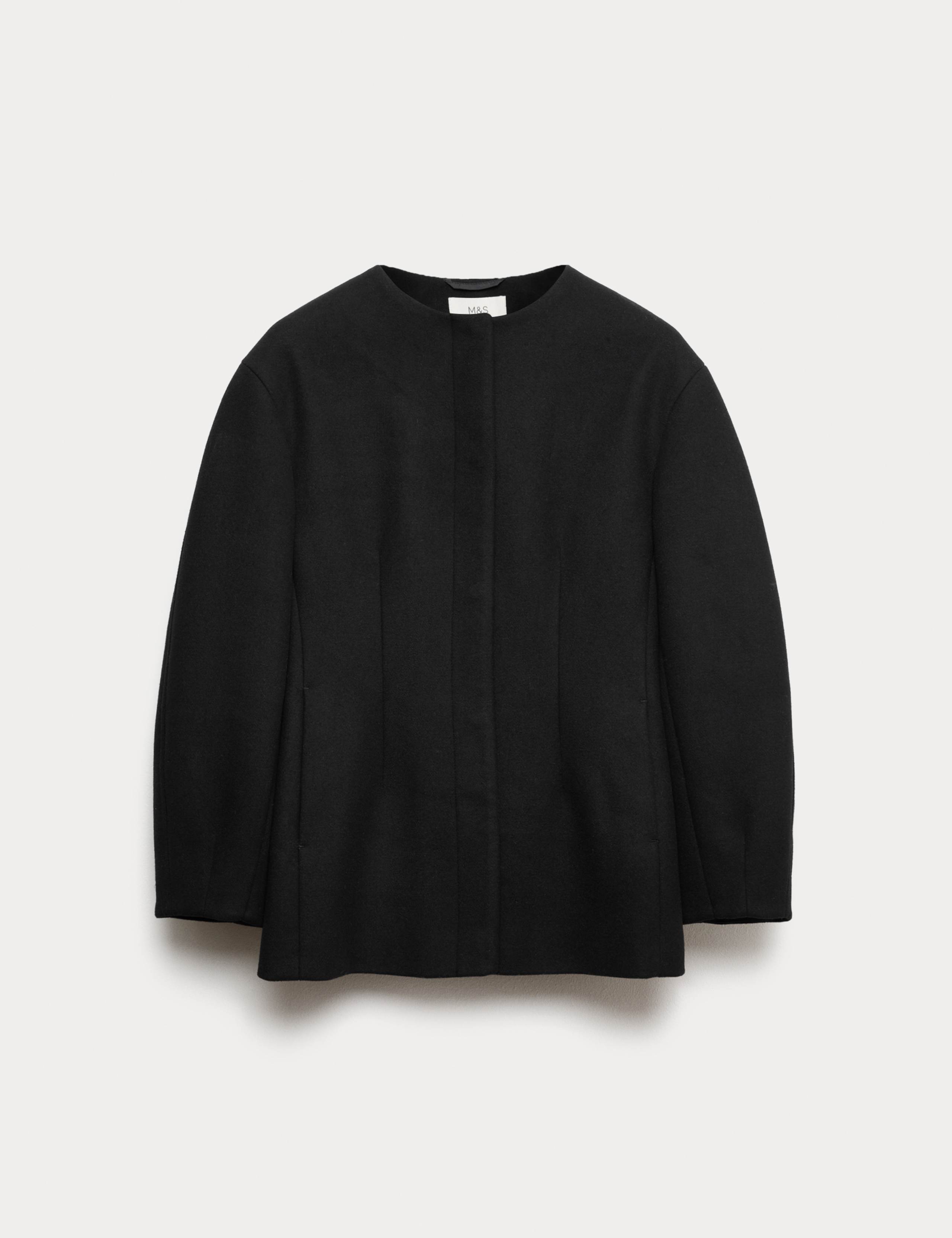 Waisted Collarless Tailored Coat with Wool 2 of 6