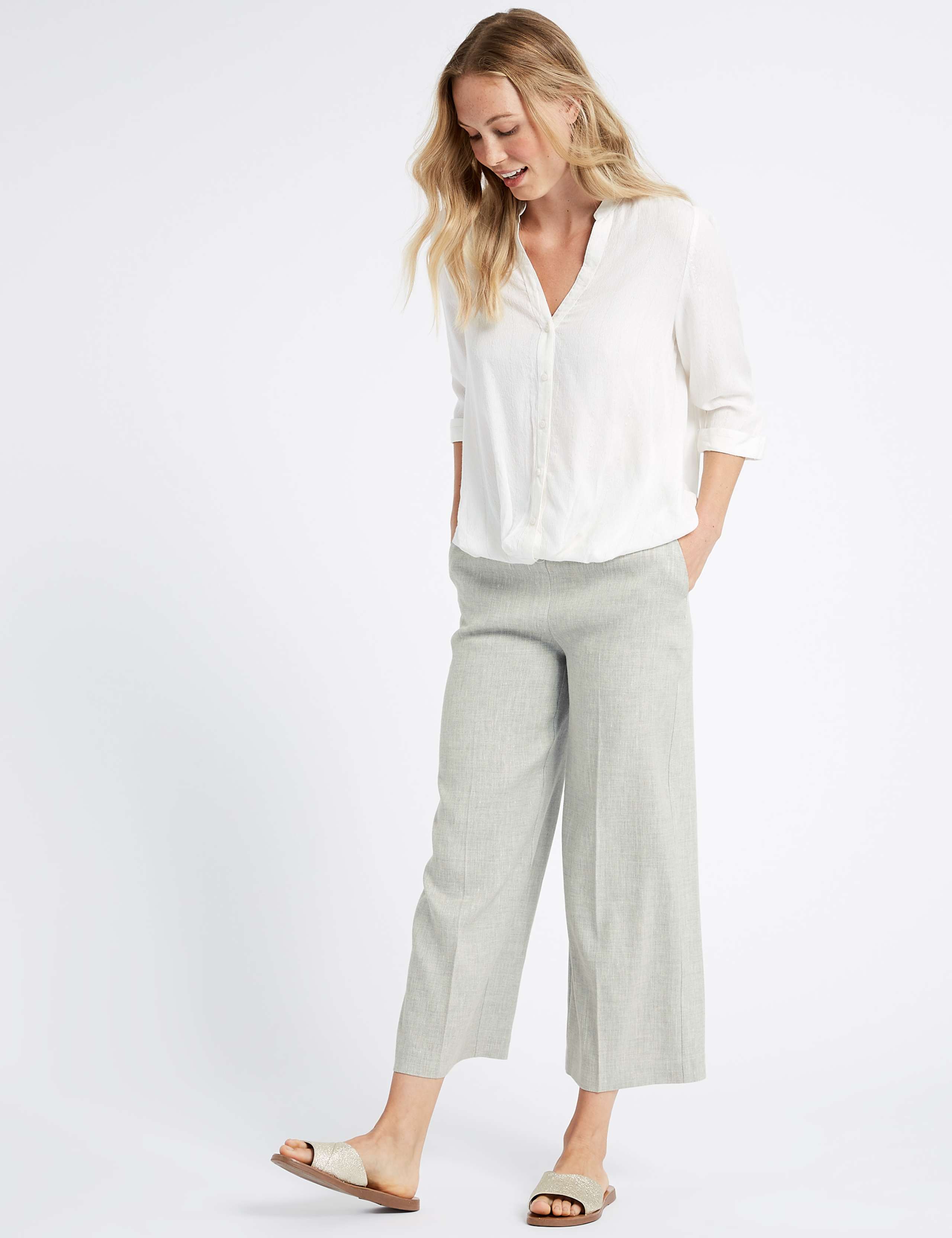 Linen Rich Wide Leg Cropped Trousers 1 of 5