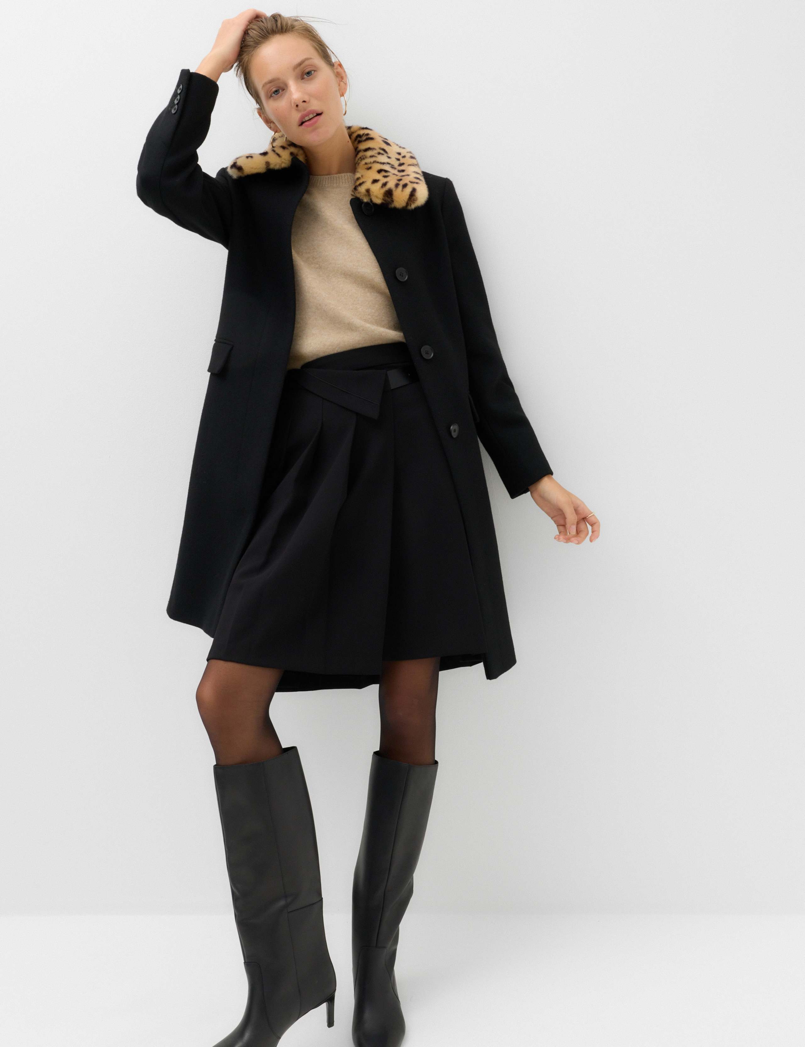 Faux Fur Animal Print Collared Coat with Wool 1 of 7