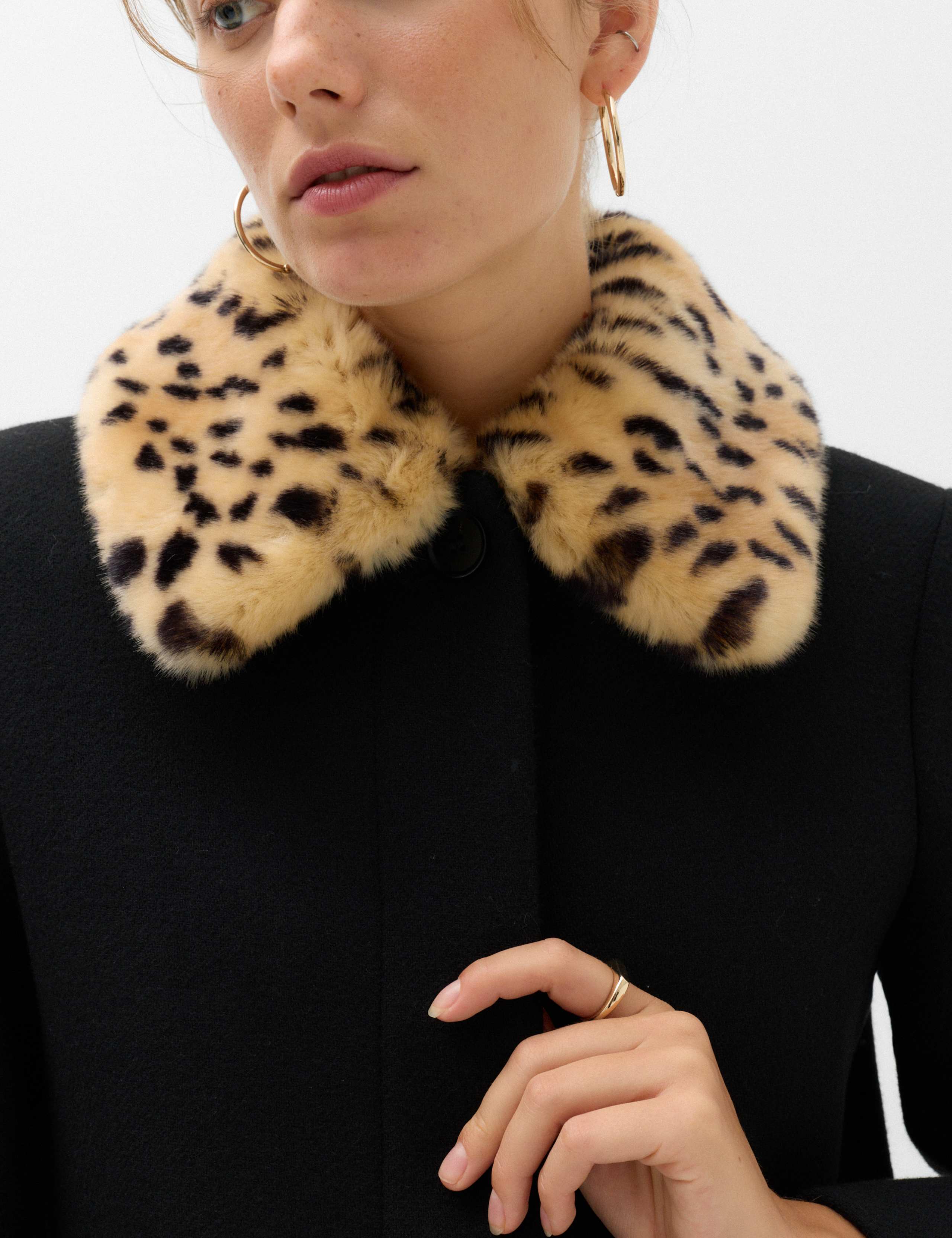 Faux Fur Animal Print Collared Coat with Wool 3 of 7
