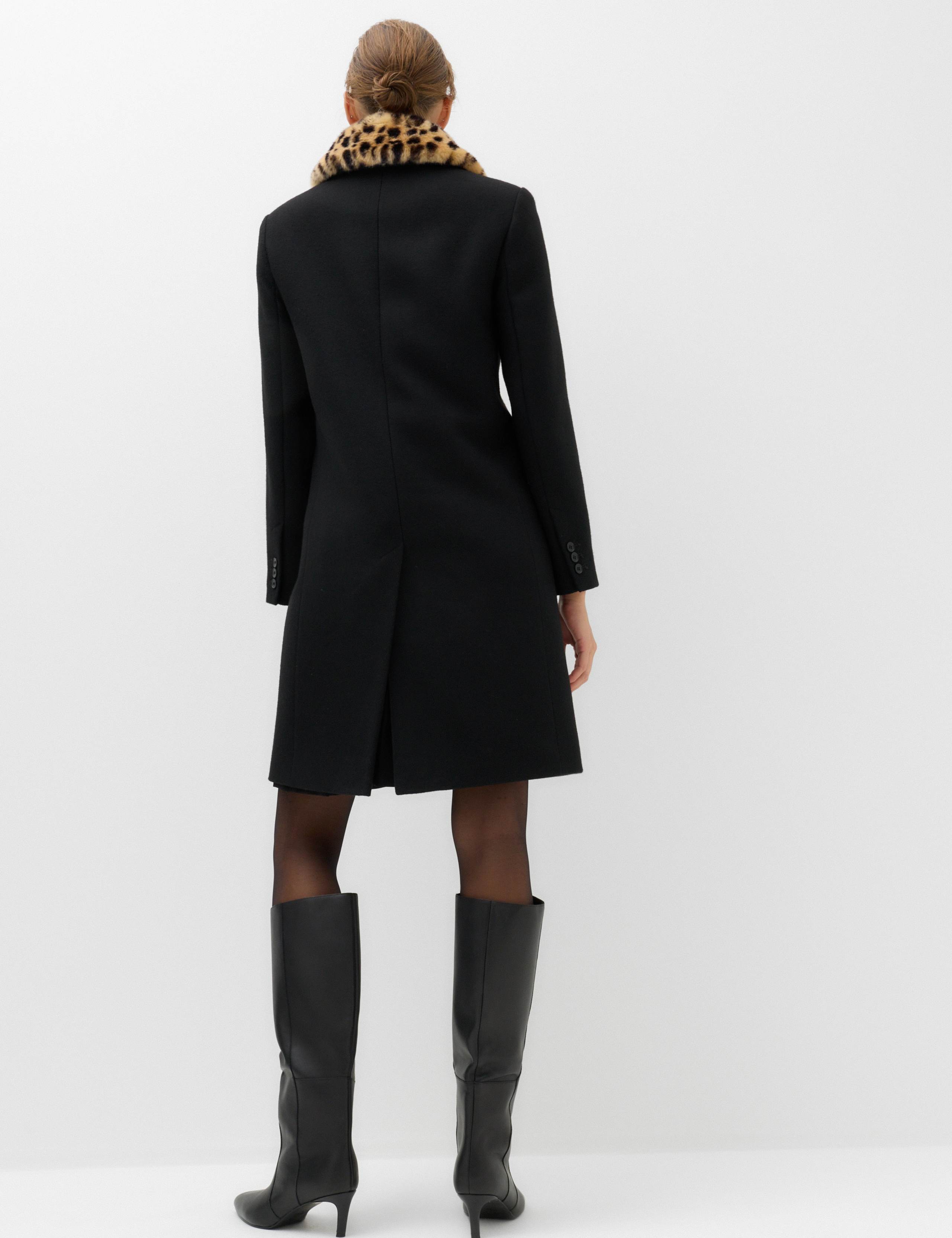 Faux Fur Animal Print Collared Coat with Wool 4 of 7