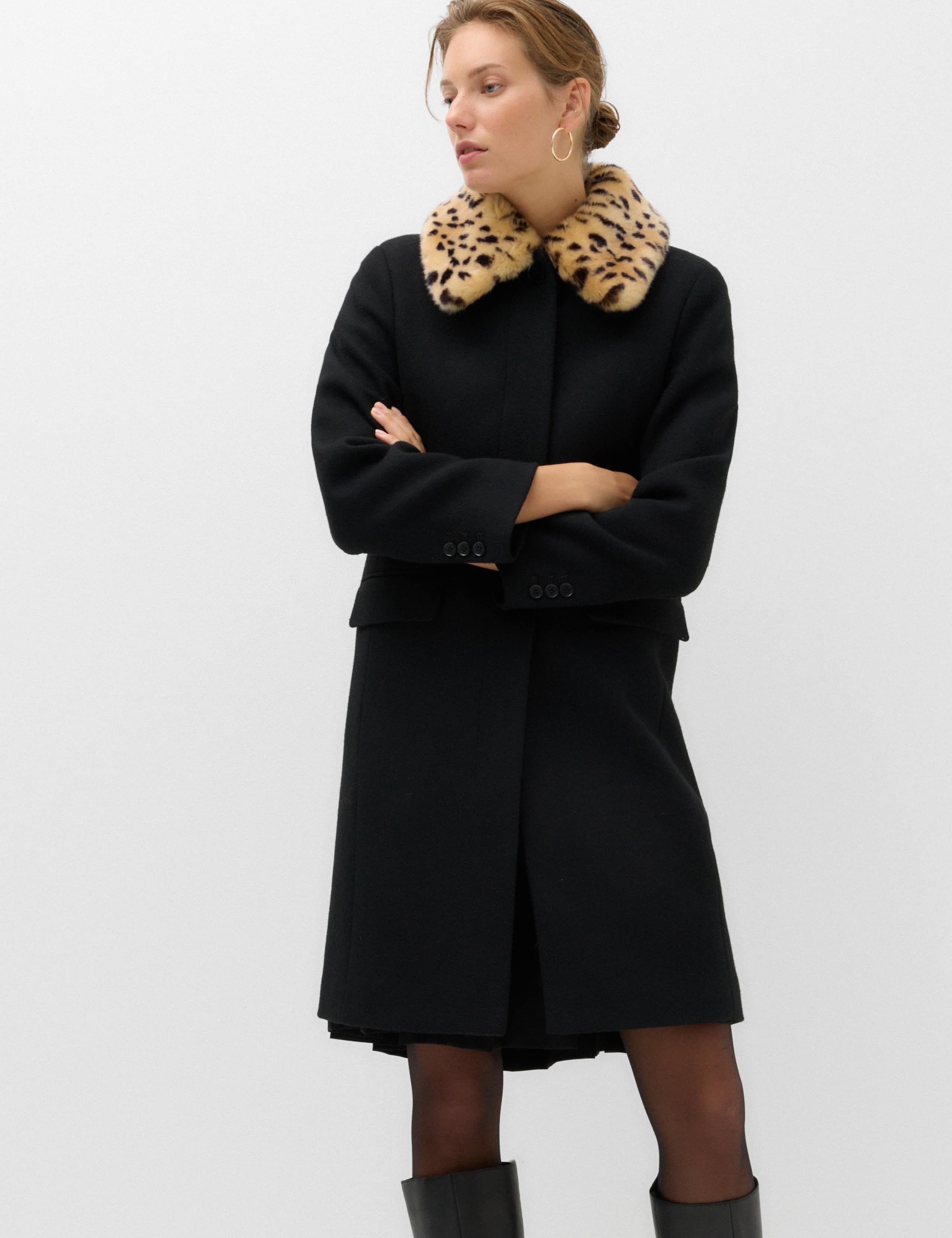 Faux Fur Animal Print Collared Coat with Wool 5 of 7