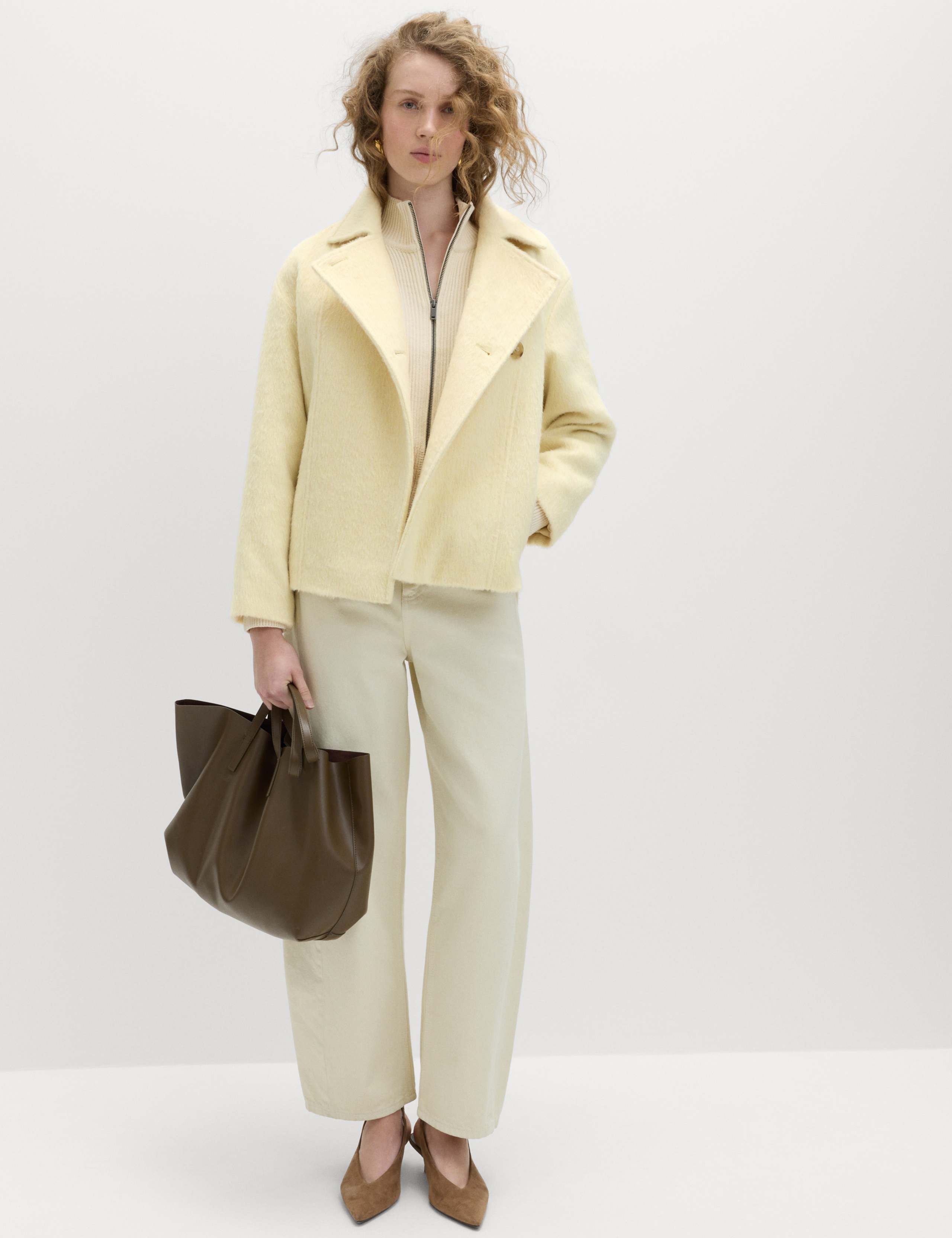 Brushed Belted Collared Short Coat with Wool 3 of 5