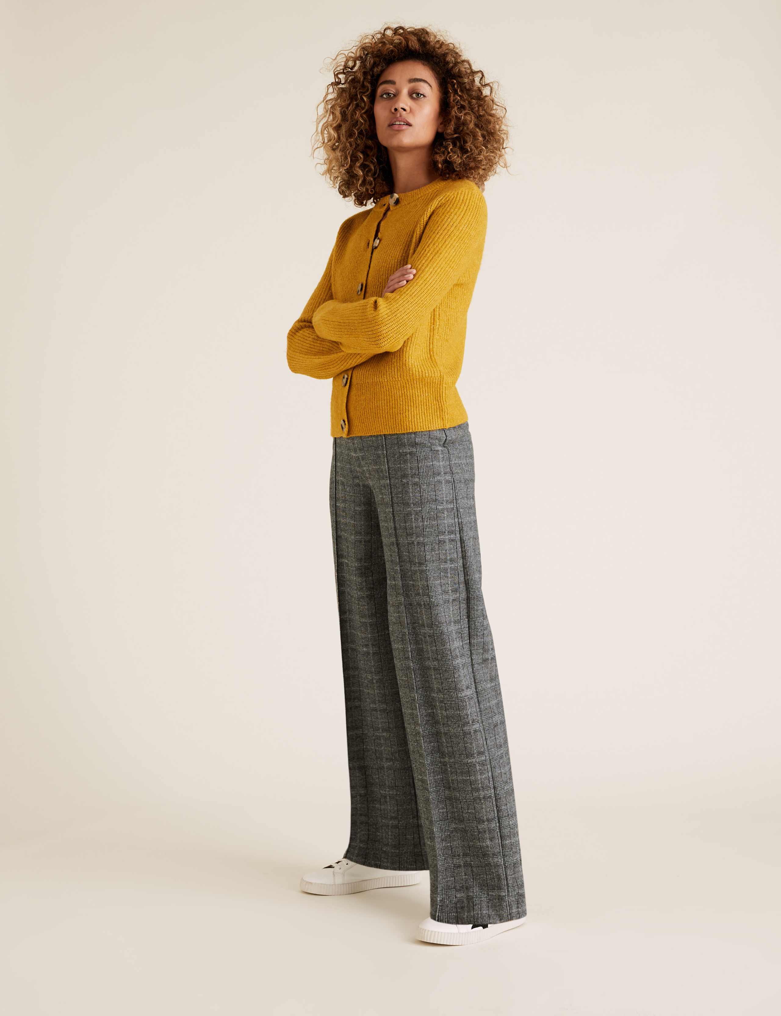 Jersey Textured Checked Wide Leg Trousers M&S Collection M&S