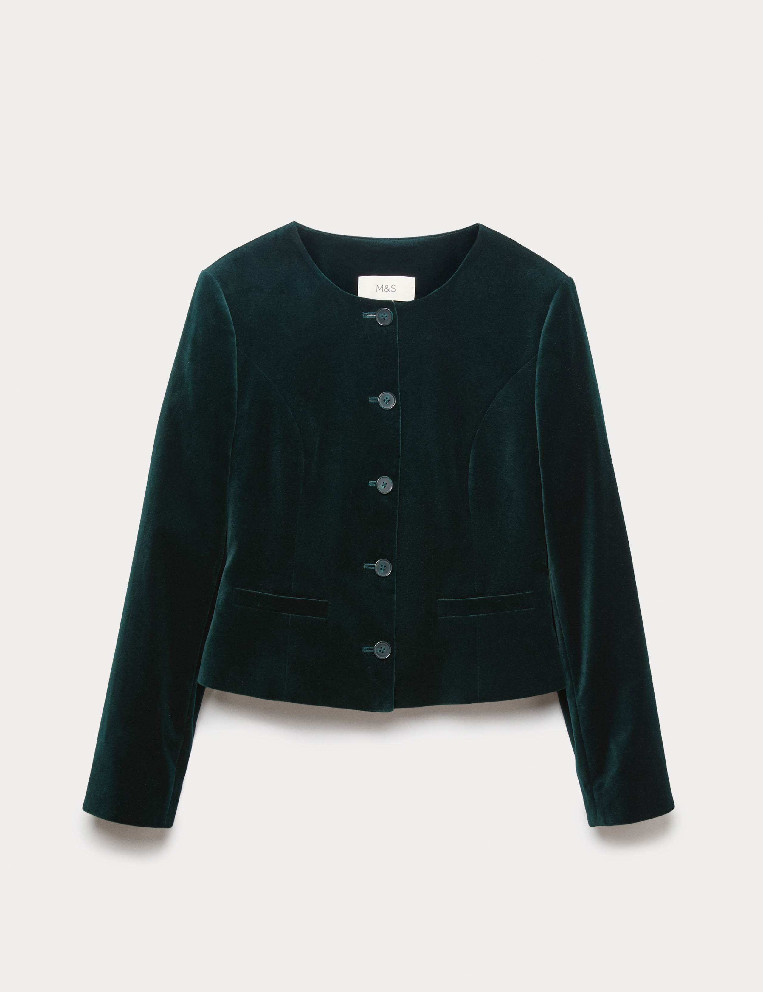 Velvet Cotton Rich Tailored Collarless Blazer 2 of 5