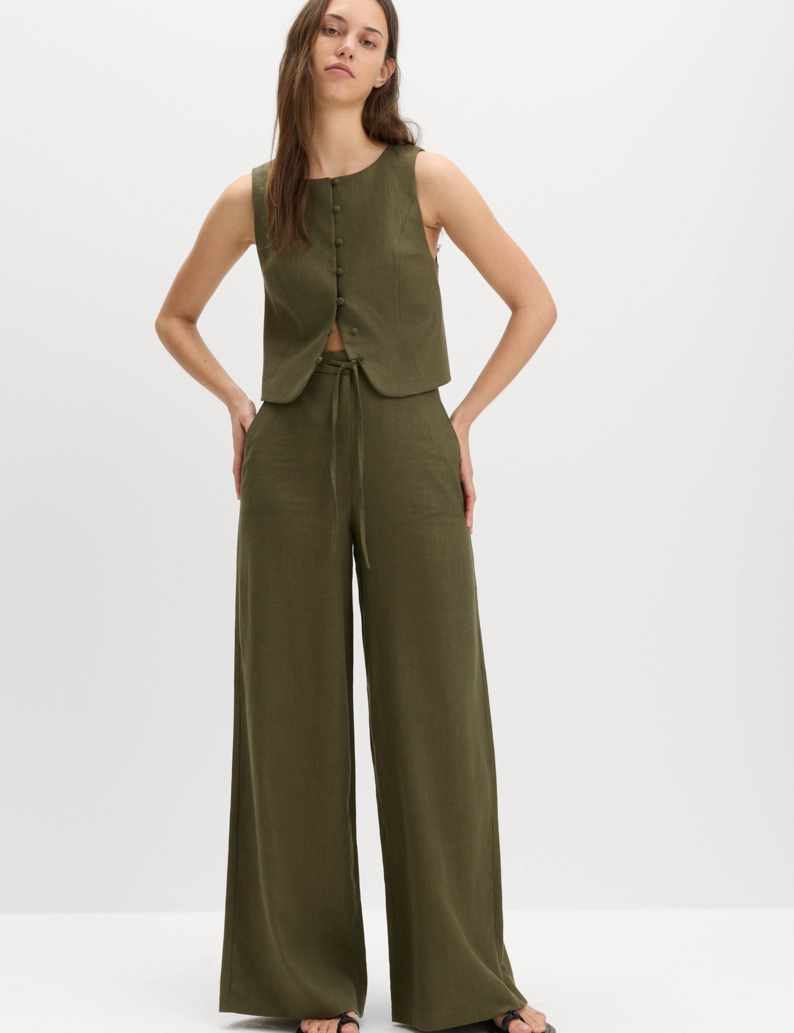 Linen Rich Twill Drawstring Wide Leg Trousers 5 of 5