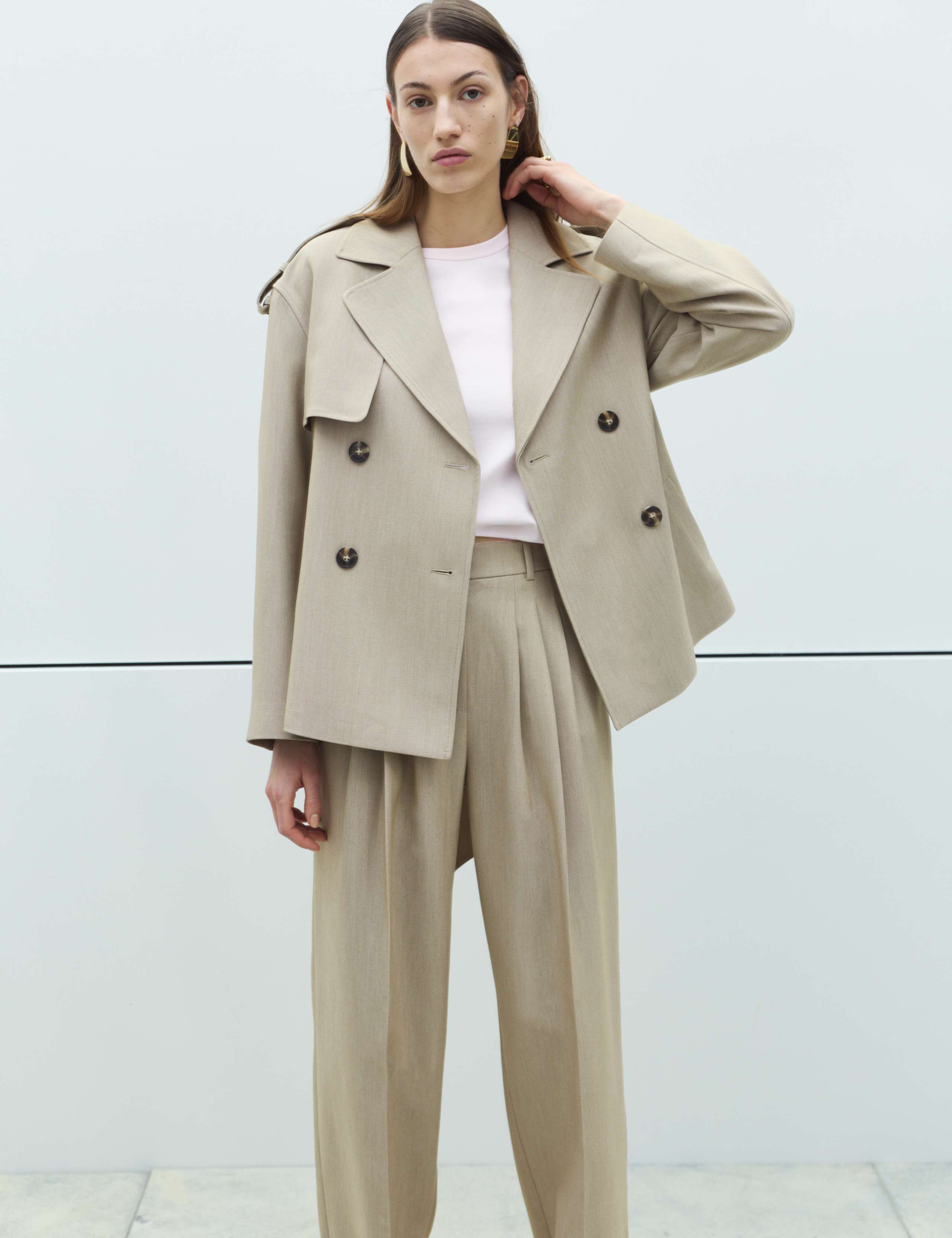 Belted Double Breasted Short Trench Coat 1 of 7