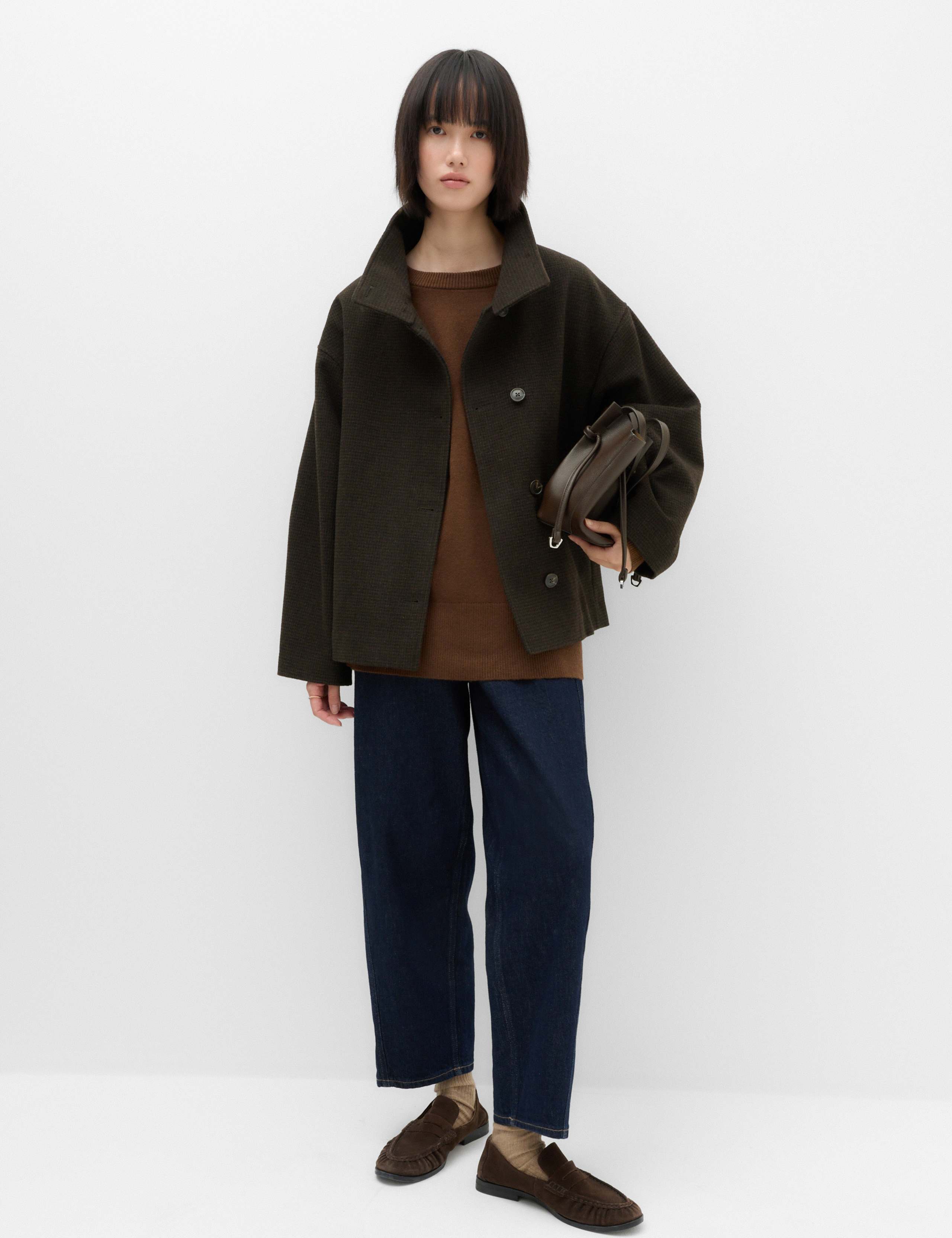 Checked Funnel Neck Short Coat with Wool 3 of 7