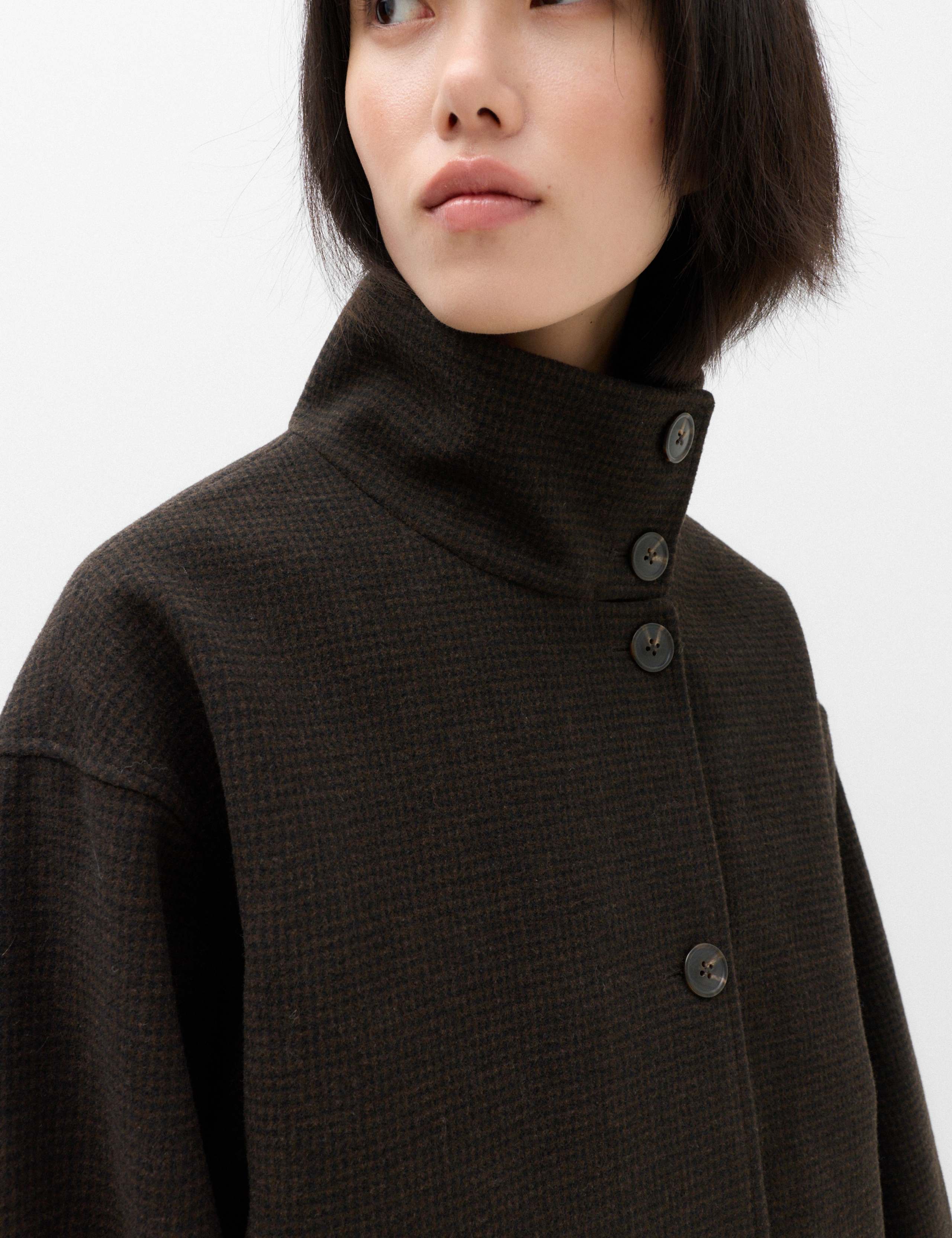 Checked Funnel Neck Short Coat with Wool 5 of 7