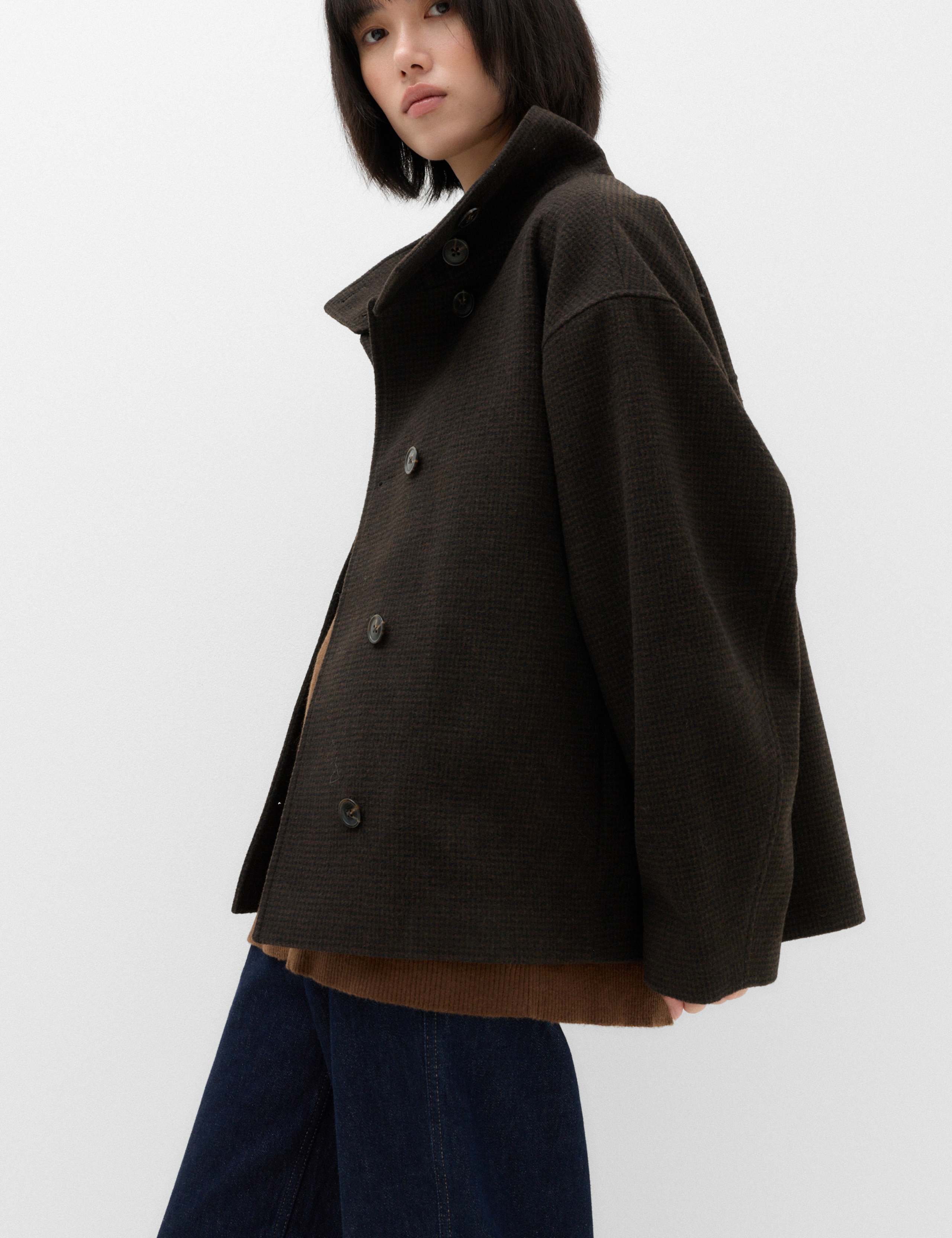 Checked Funnel Neck Short Coat with Wool 6 of 7
