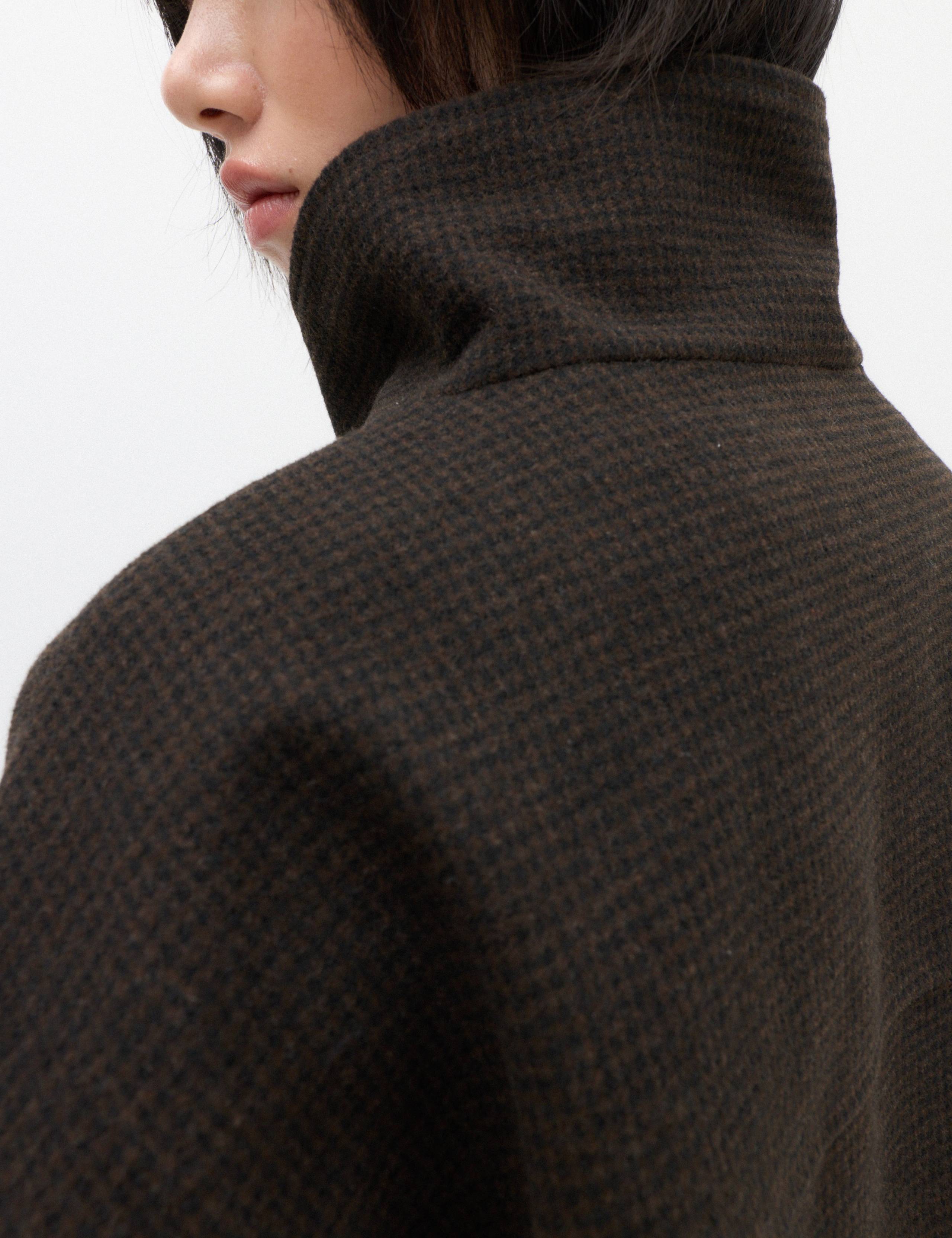 Checked Funnel Neck Short Coat with Wool 7 of 7