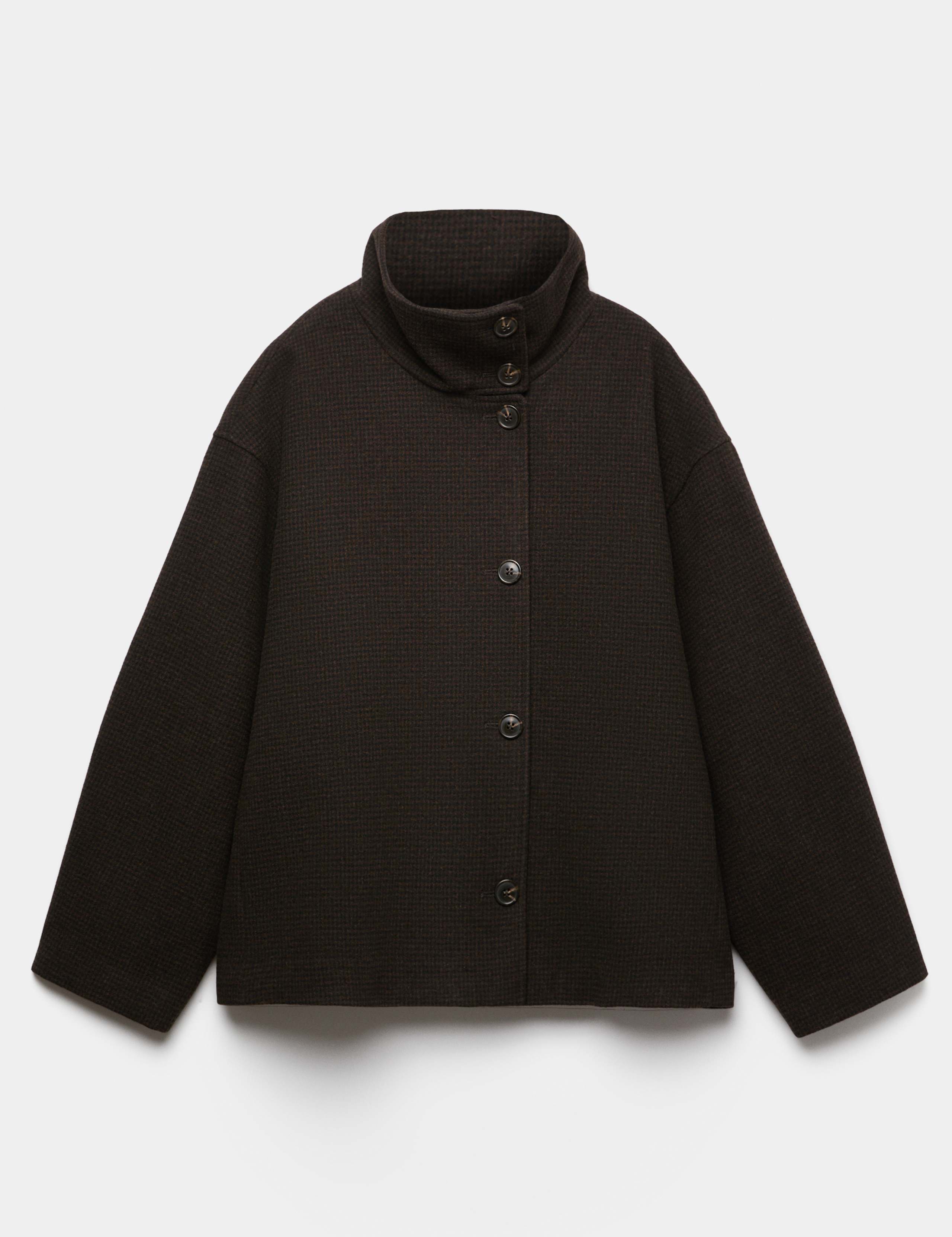 Checked Funnel Neck Short Coat with Wool 2 of 7