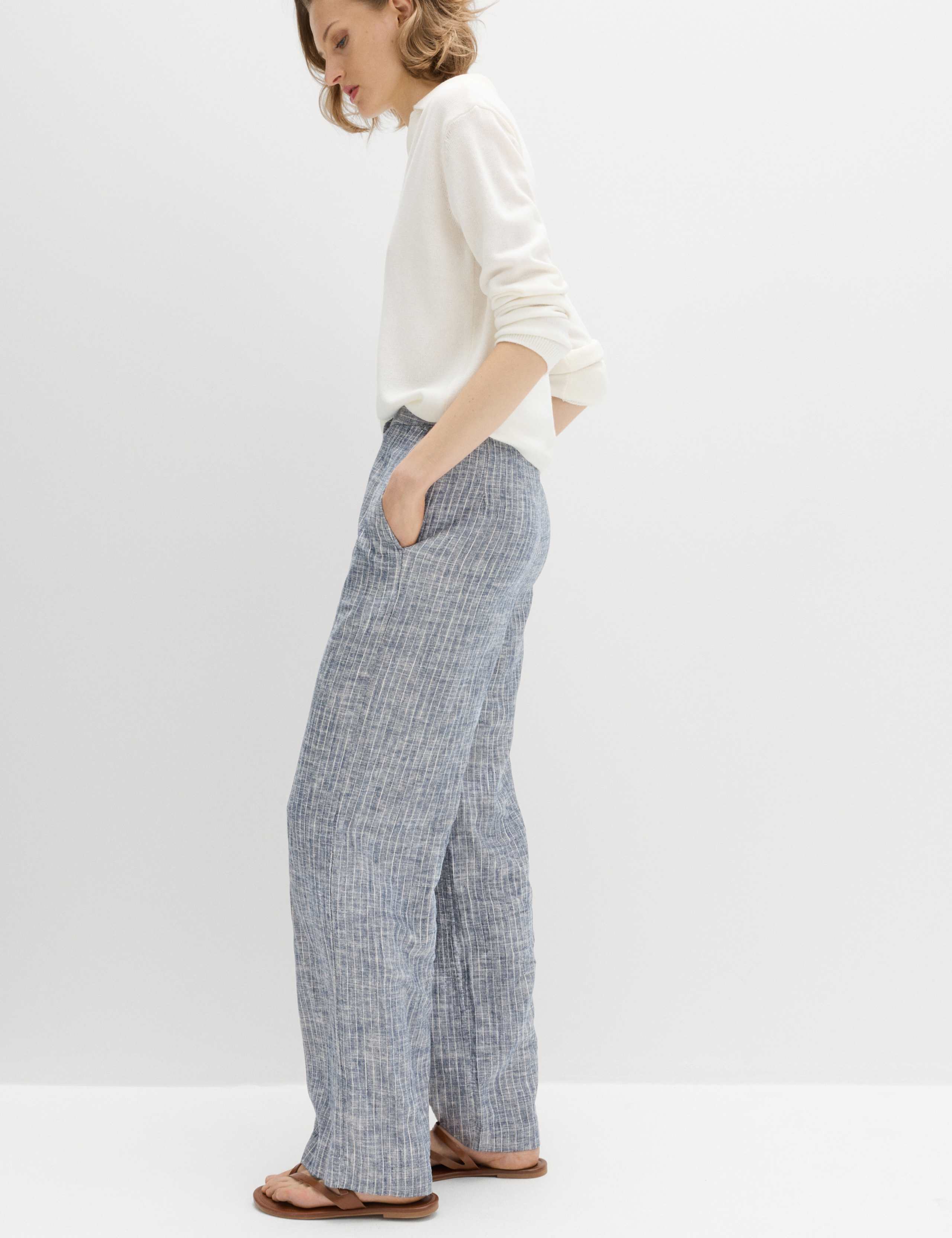 Linen Blend Pinstripe Wide Leg Trousers 4 of 6