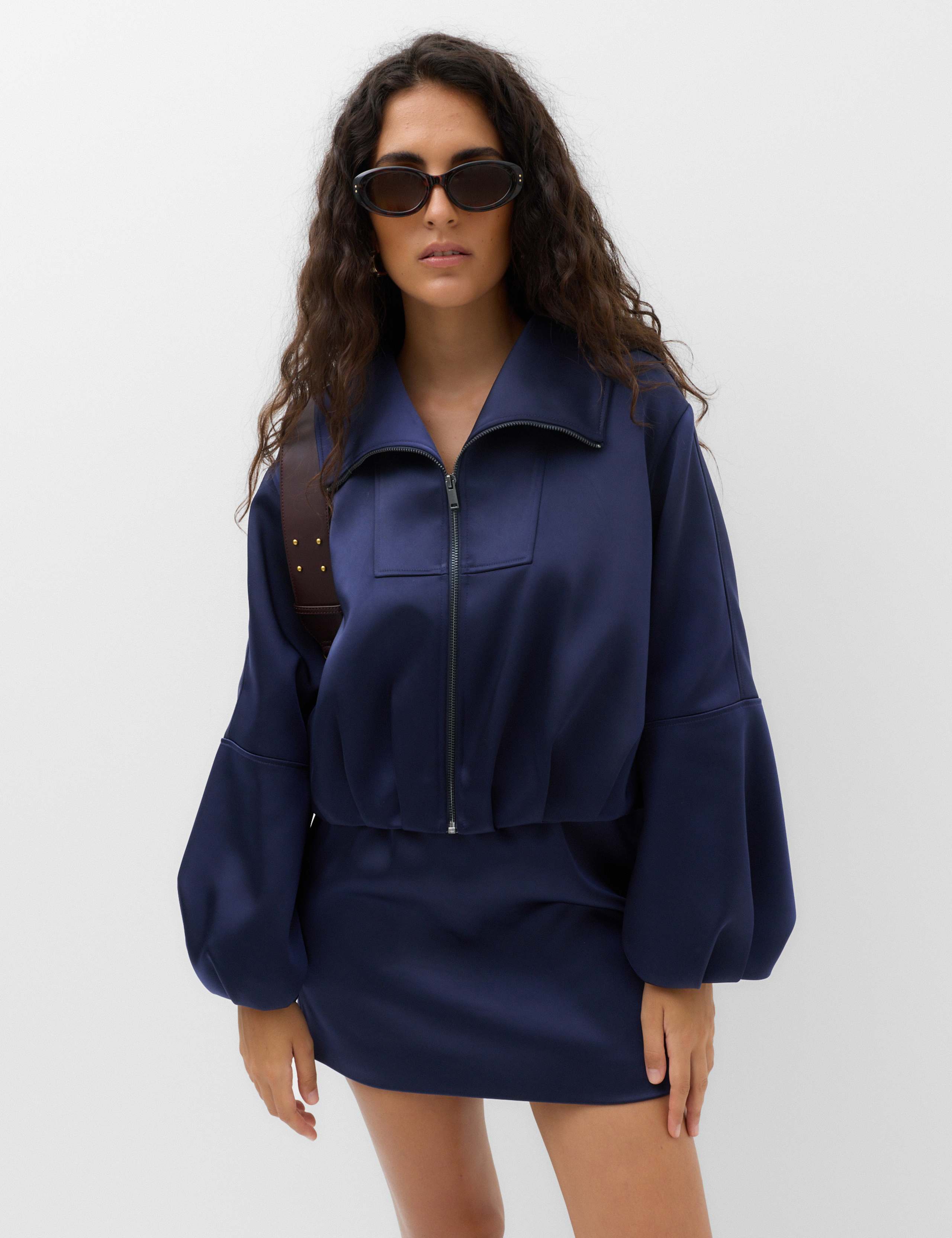 Satin Blouson Sleeve Cropped Bomber Jacket 1 of 7