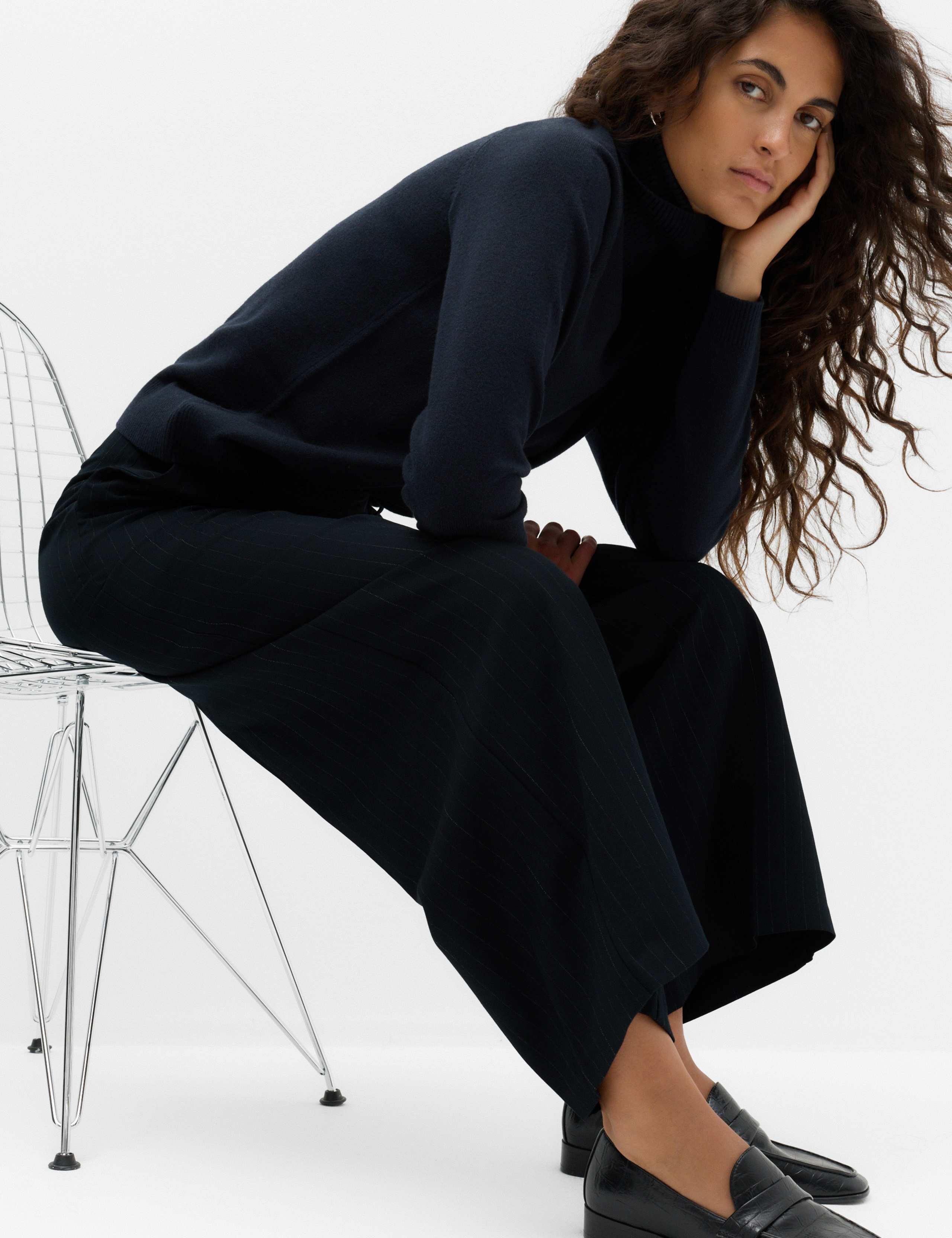 Woven Pinstripe Pleat Front Wide Leg Trousers 4 of 6