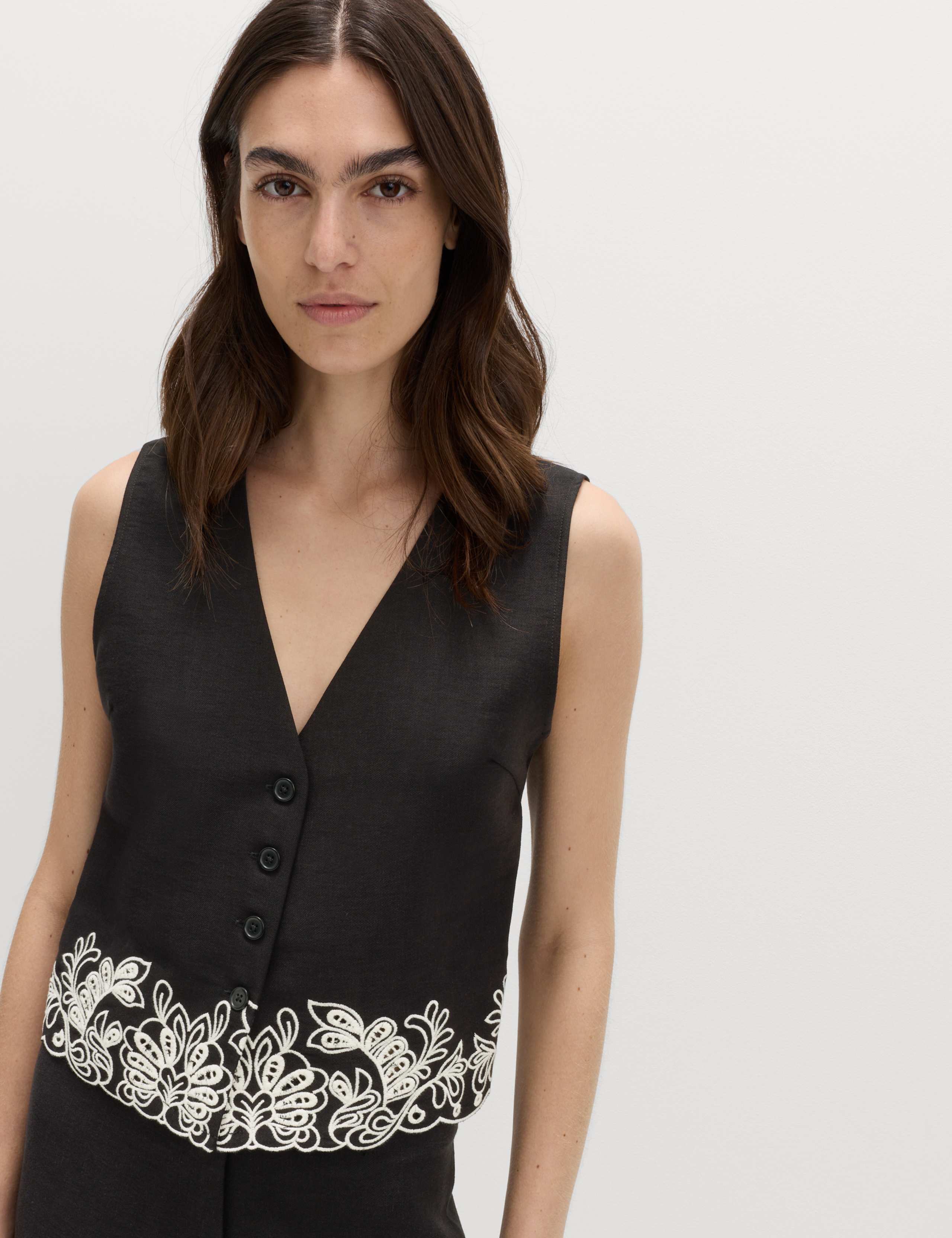Modal Rich Cutwork Trim Waistcoat with Linen 1 of 5