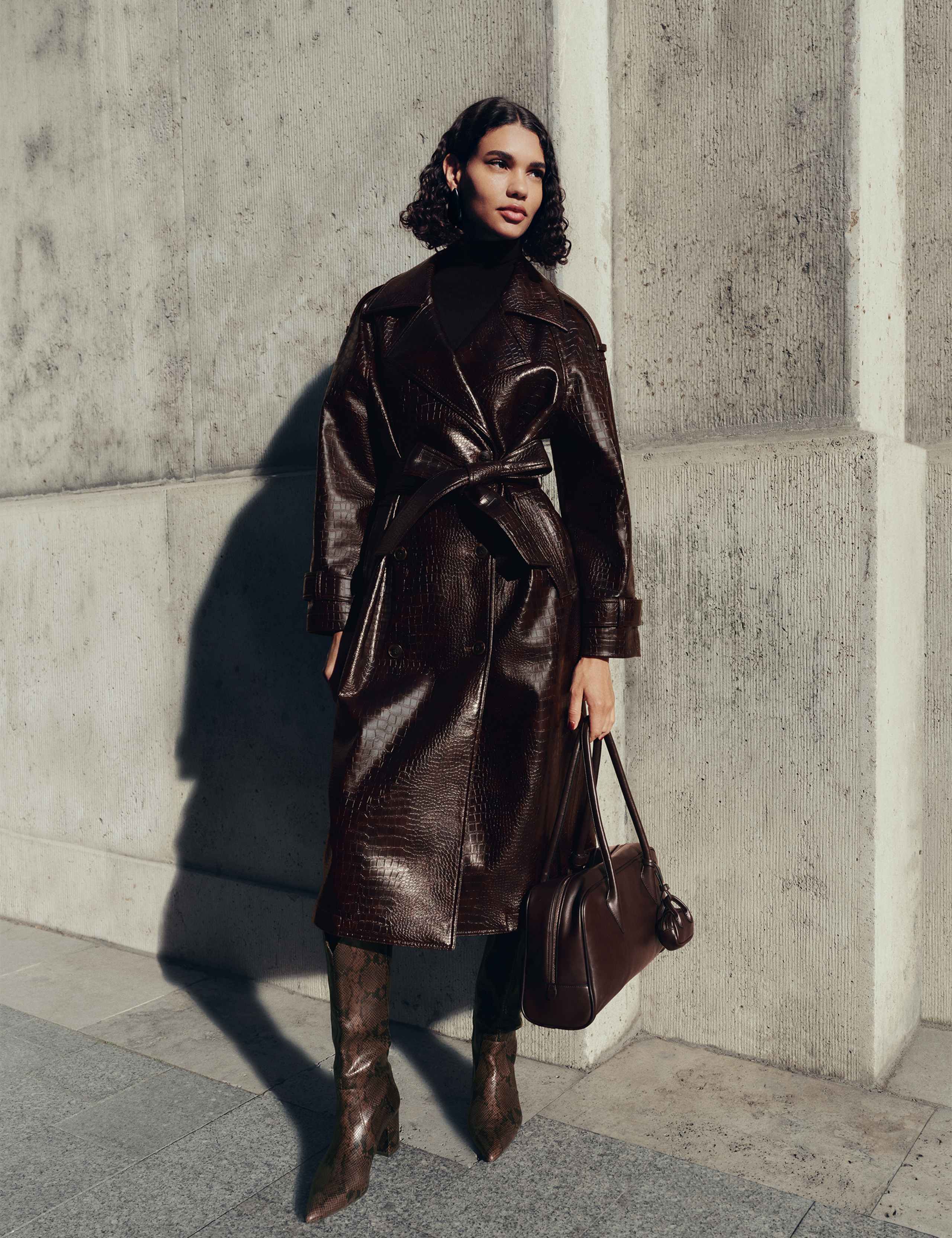 Croc Faux Leather Belted Longline Trench Coat 1 of 8