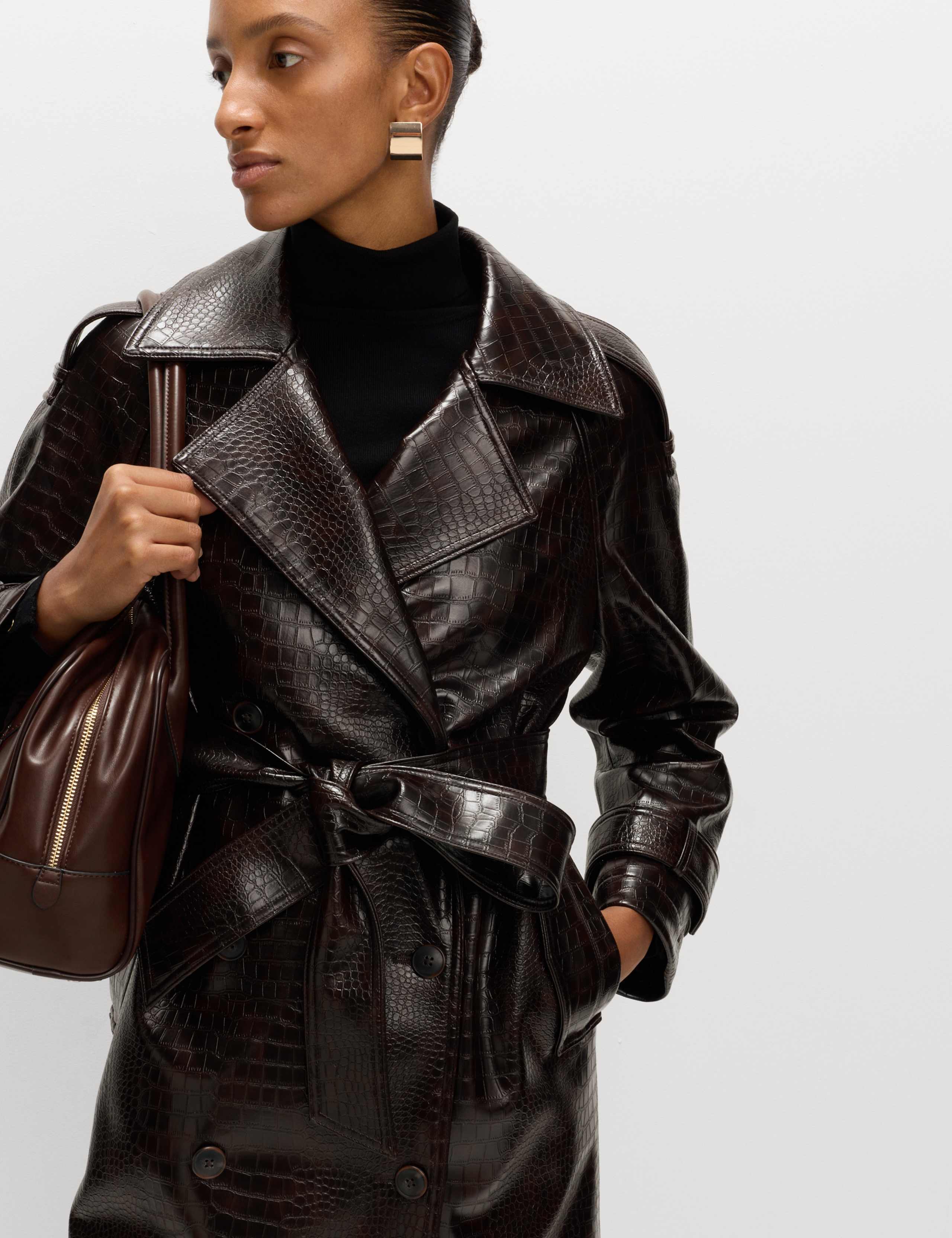 Croc Faux Leather Belted Longline Trench Coat 6 of 8