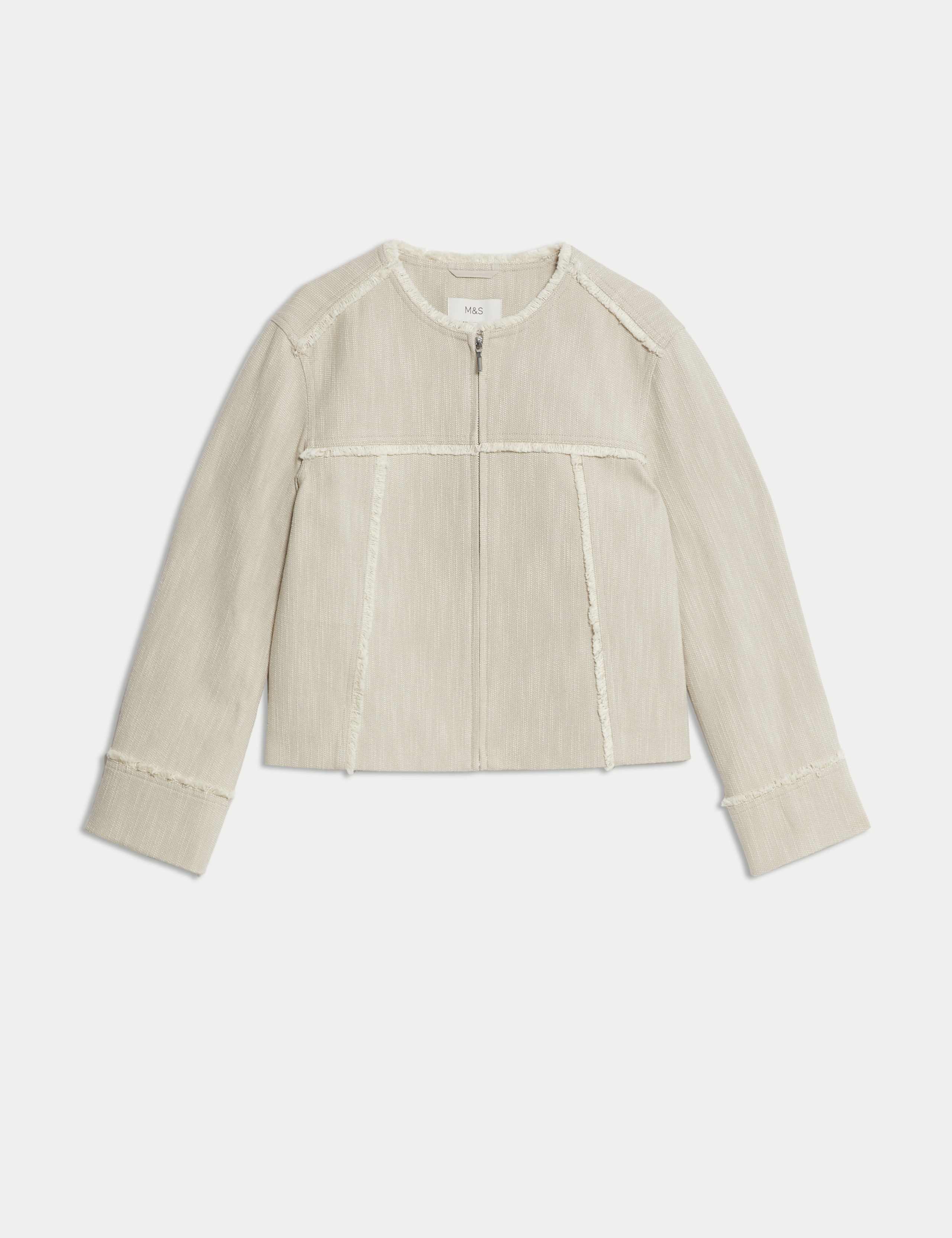 Pure Cotton Collarless Frayed Edge Jacket 2 of 7