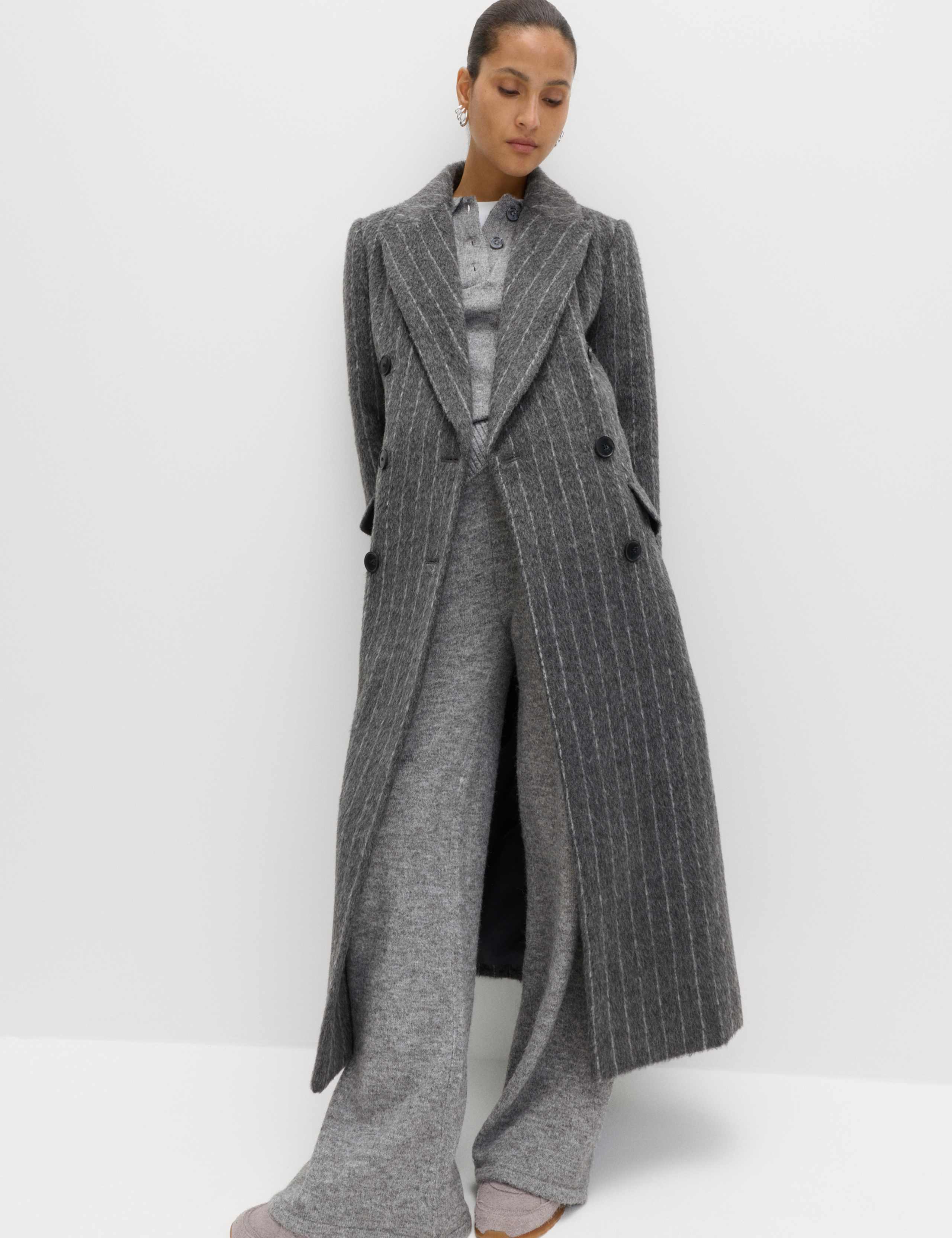 Brushed Pinstripe Double Breasted Longline Coat 1 of 6