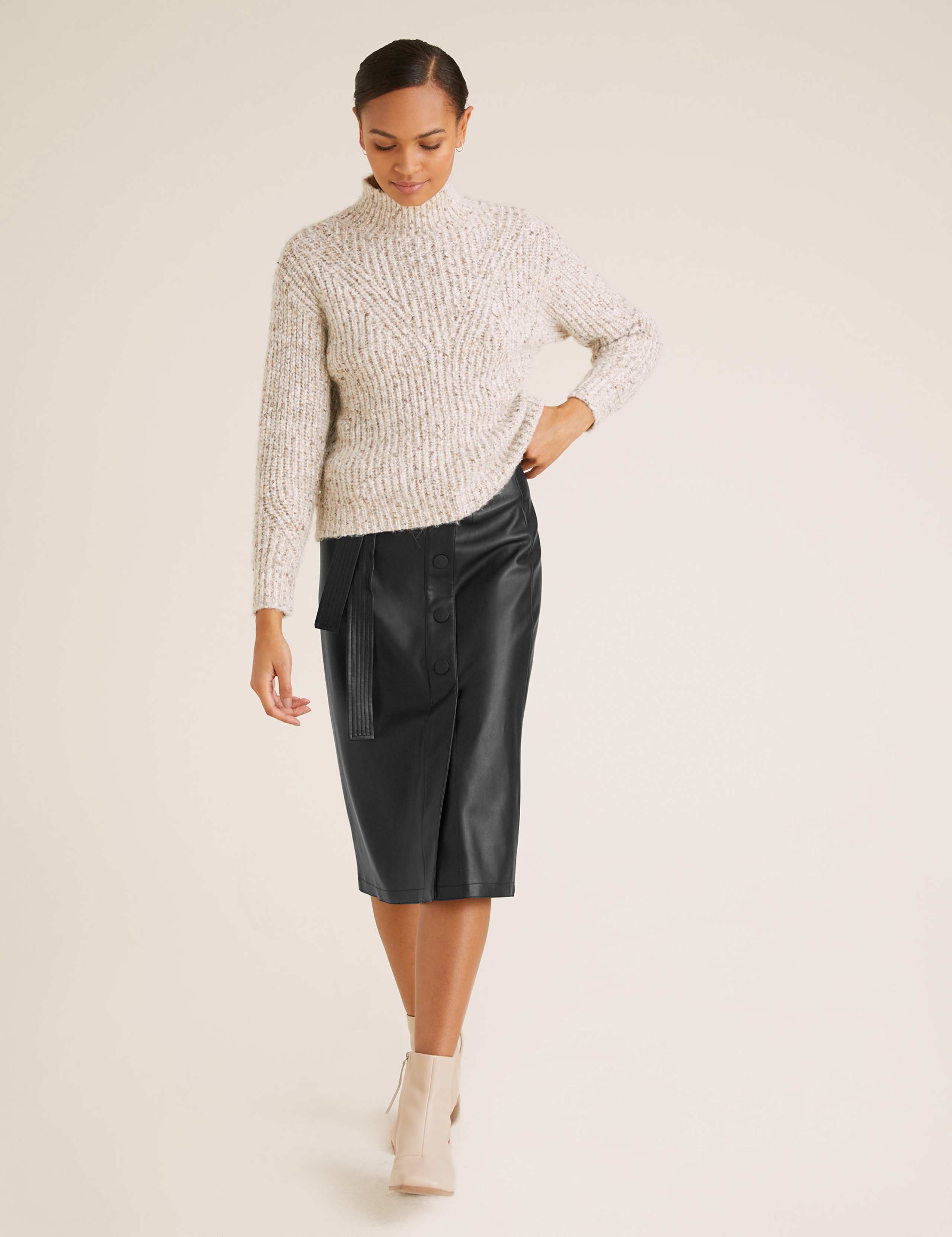 Faux Leather Tie Waist Midi A-Line Skirt 1 of 5