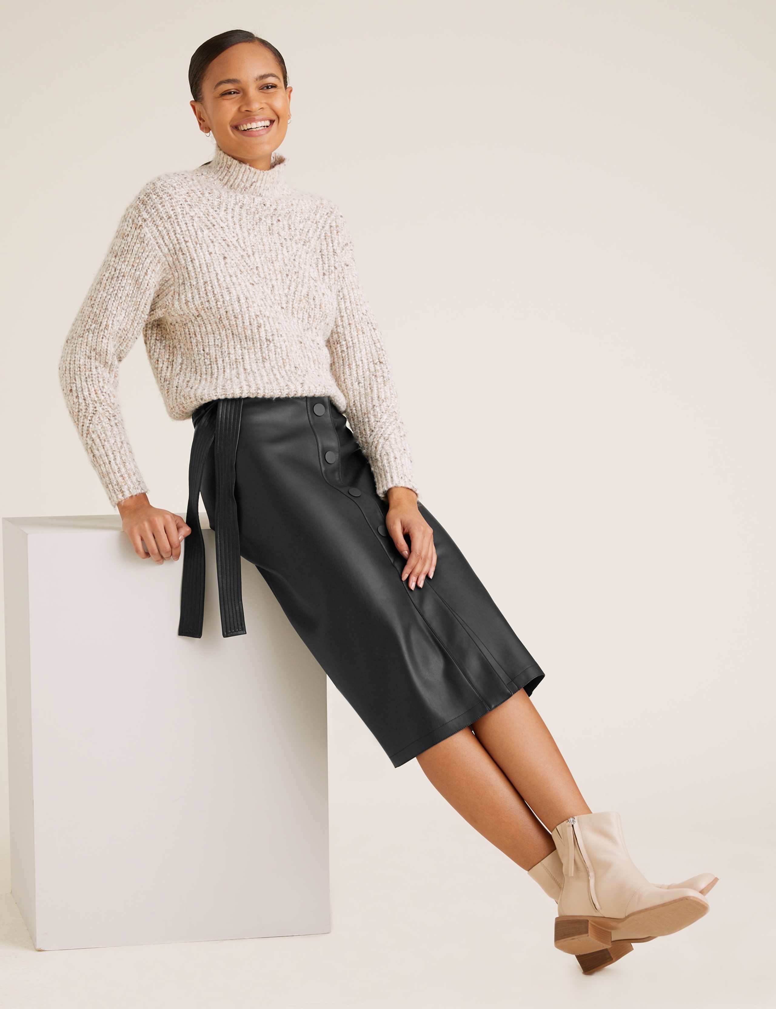 Faux Leather Tie Waist Midi A-Line Skirt 3 of 5